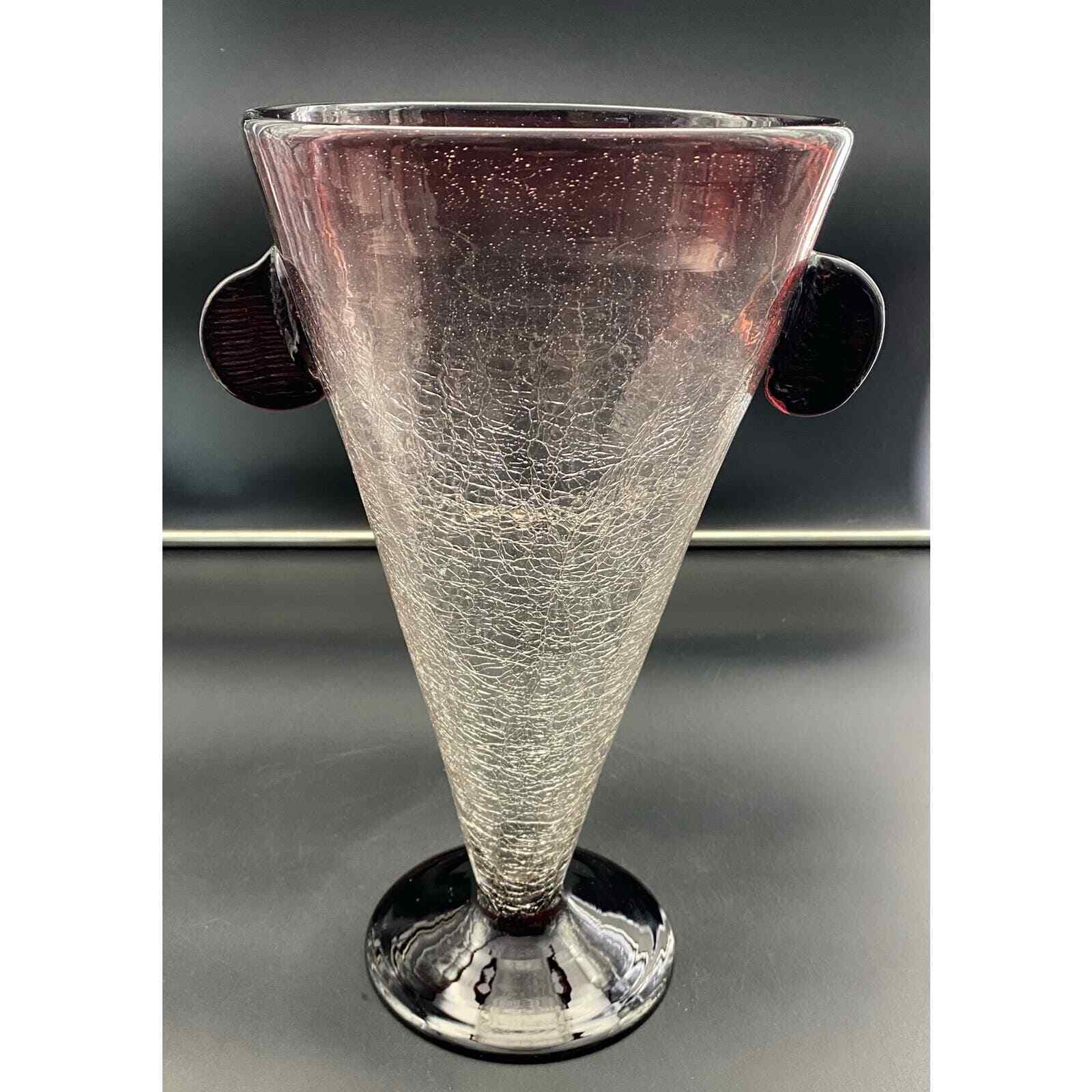 Vintage Large Hand Blown Amethyst Ombré Crackle Glass Centerpiece Vase w/ Ears