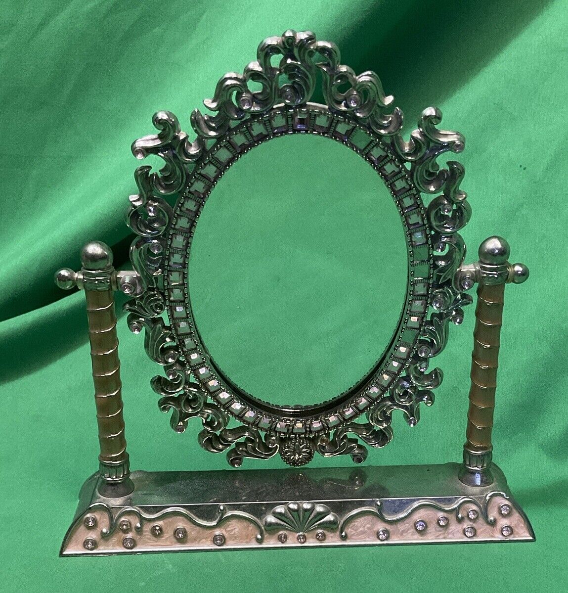 VTG Ornate Cast Iron Small Oval Tilt Mirror On Stand- 8.5” X 8.5”