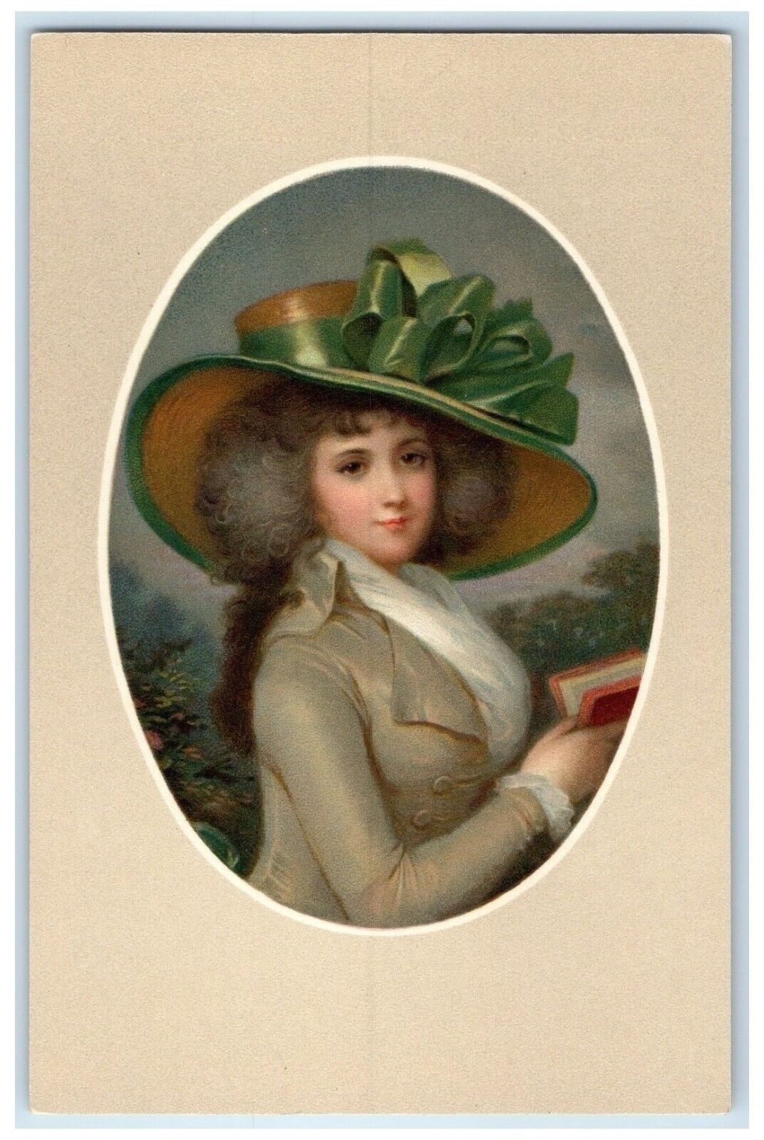c1910's Pretty Woman Curly Hair Big Hat Green Ribbon Munk Antique Postcard
