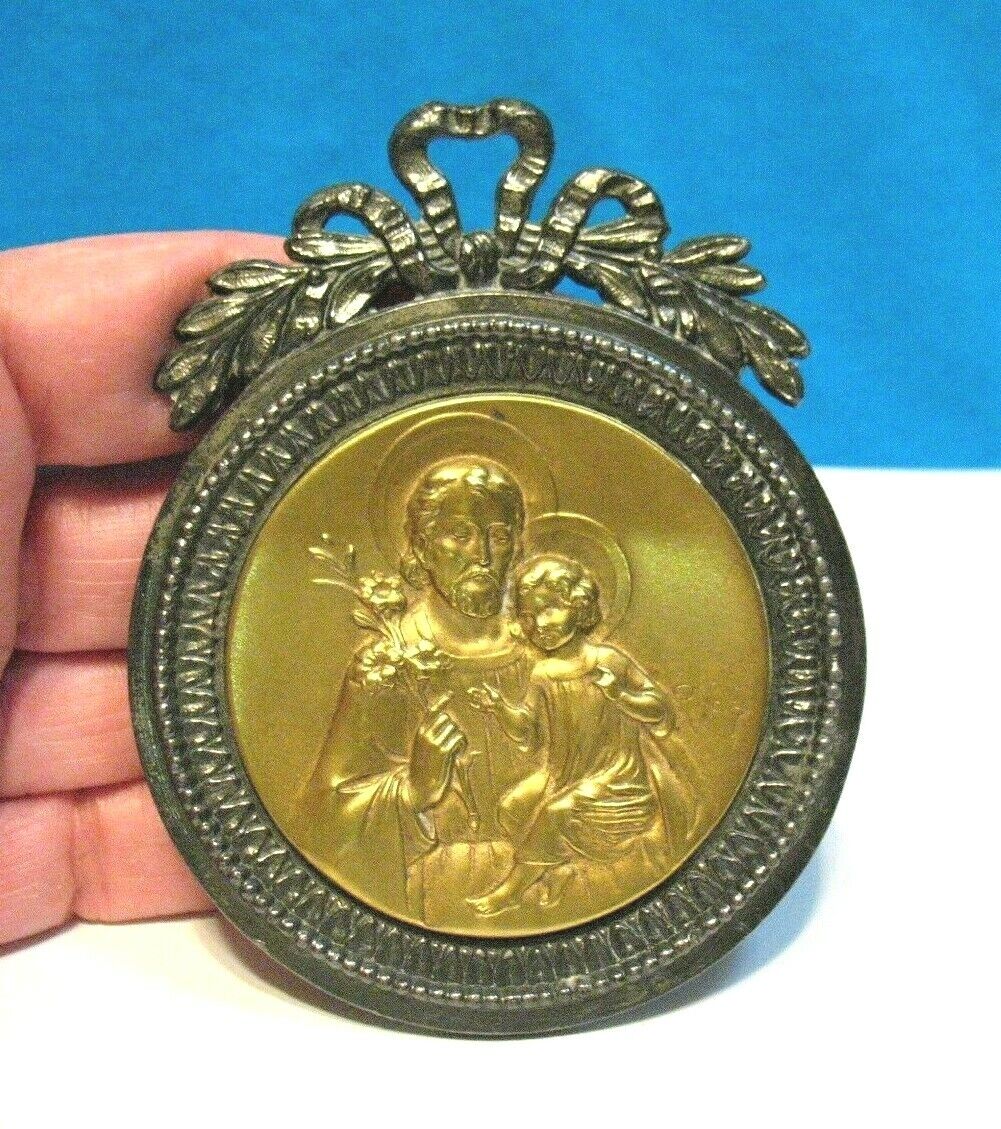ANTIQUE FRENCH ST JOSEPH W/ CHRIST CHILD GOLD PLAQUE IN SILVER BEZEL RELIGIOUS