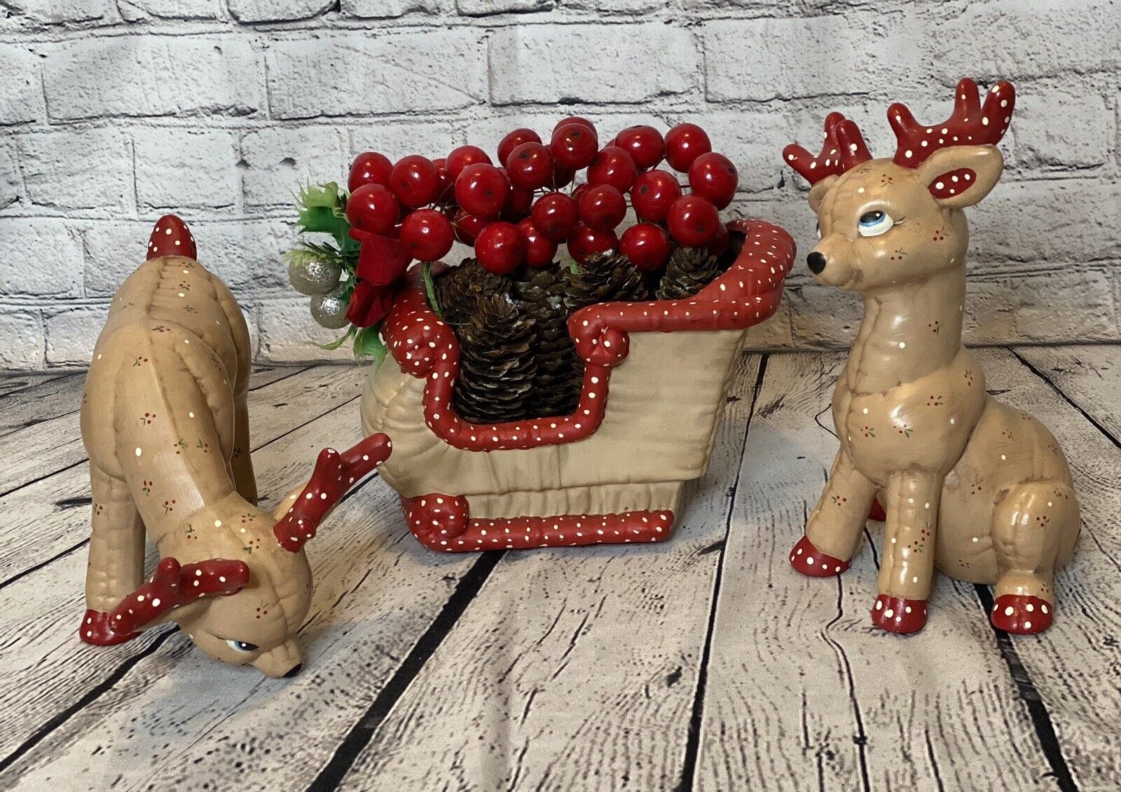 Vintage Kimple Brown/Red Ceramic Reindeer And Sleigh With Holly And Polka Dots