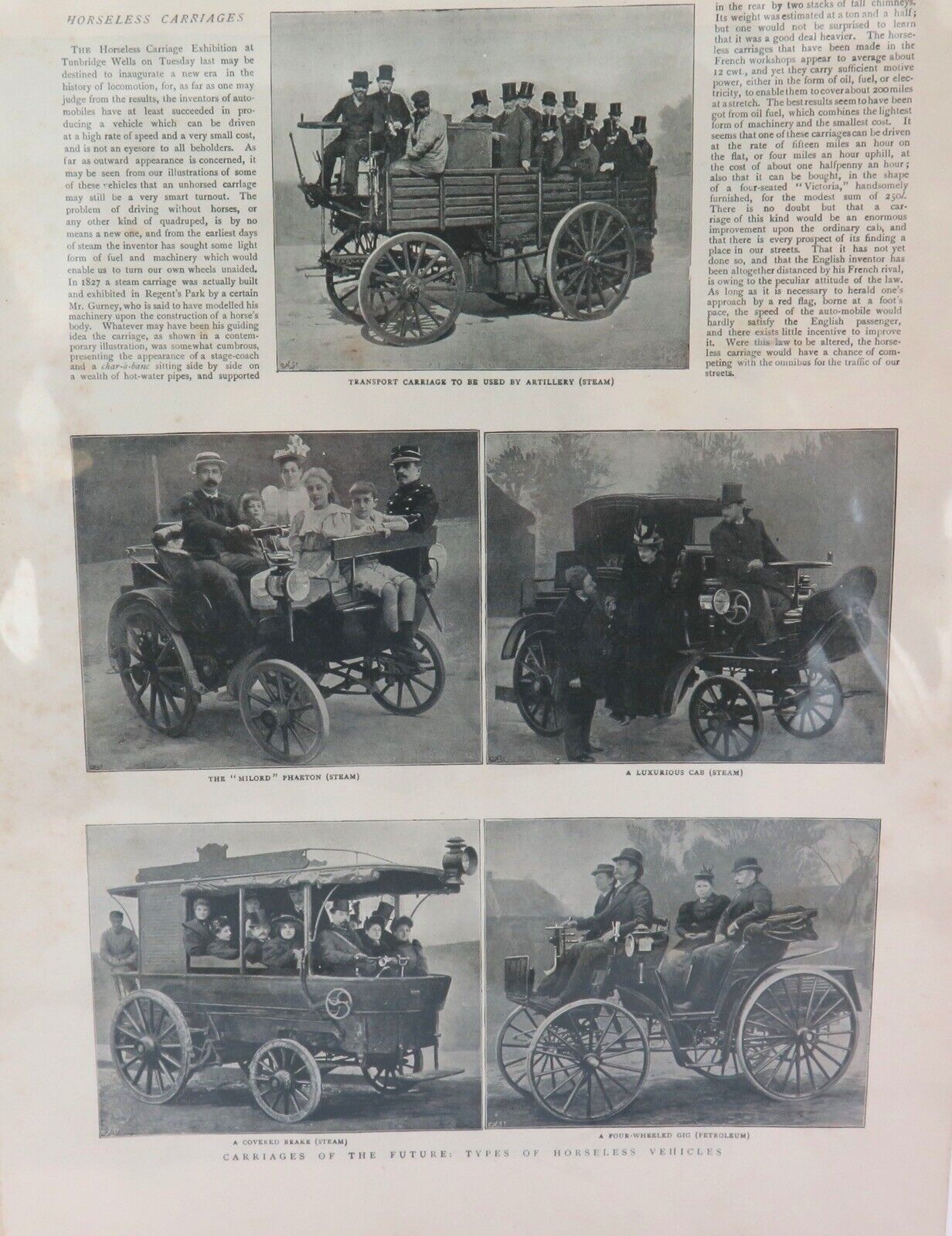 Superb 1895 Page ex The Graphic. Steam & Petrol Horseless Vehicles of The Future