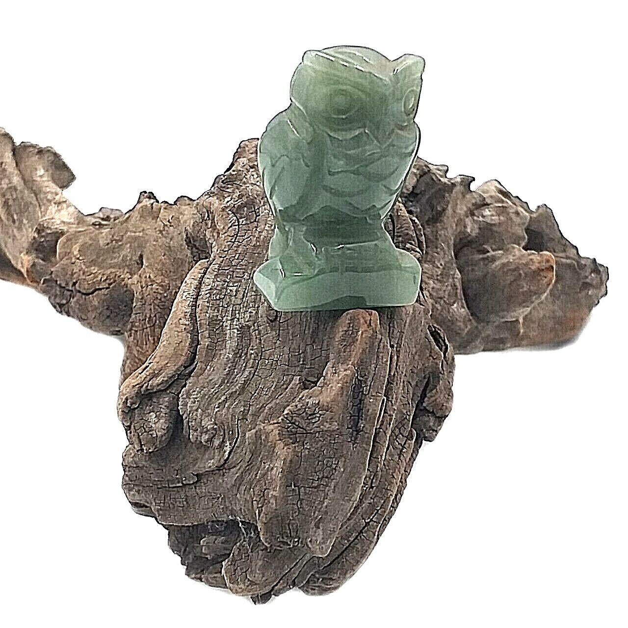 Statue Owl green jade stone intelligence good luck carving genuine Burma amulet 