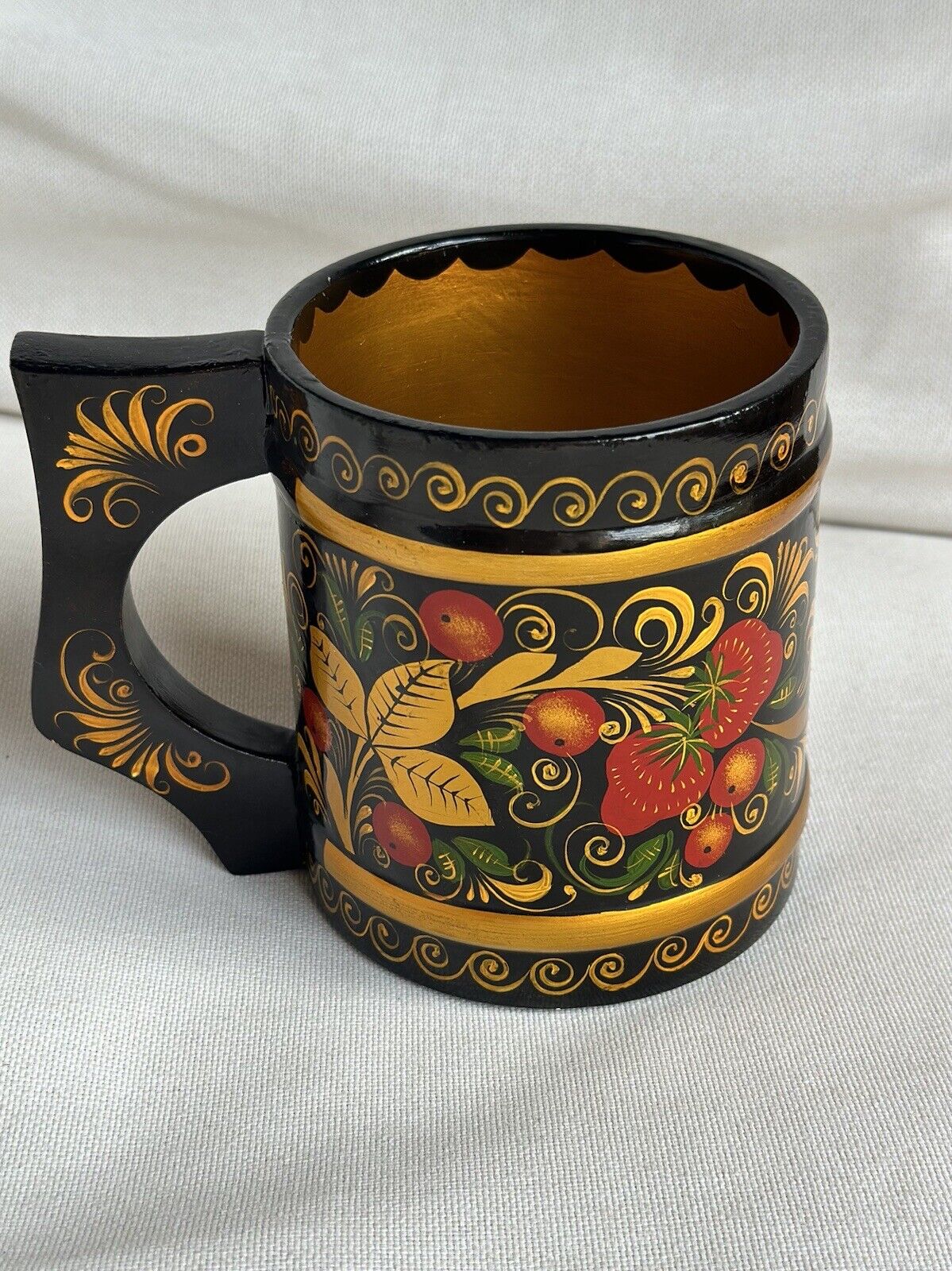 Vintage Russian Khokhloma Wooden Hand Painted Mug USSR Gold Strawberry Soviet