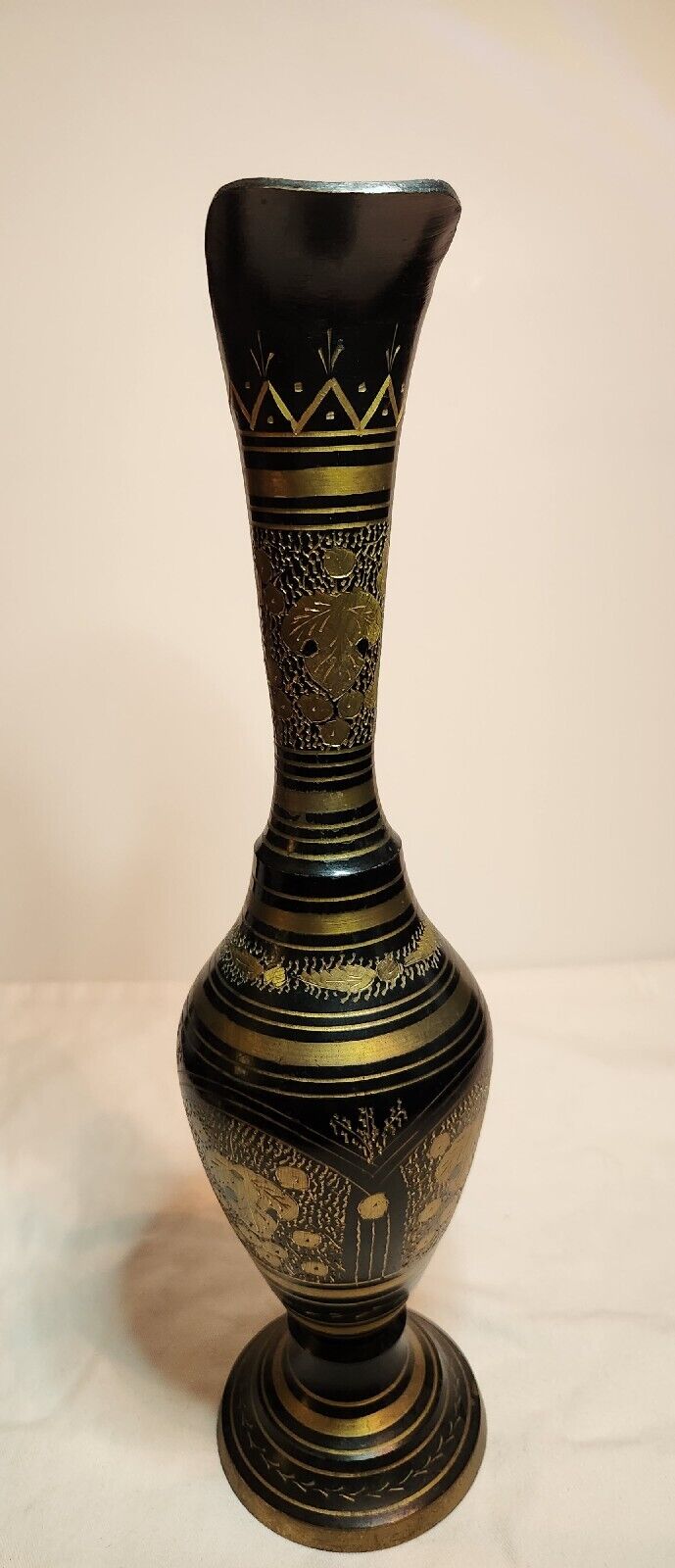 Vintage Etched Black And Gold Vase Made In India 14 Inches