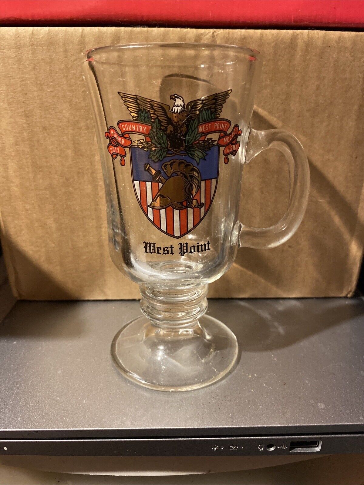 West Point Clear Pedestal Mug Millitary Collectible Glass Solider Cadet Gift