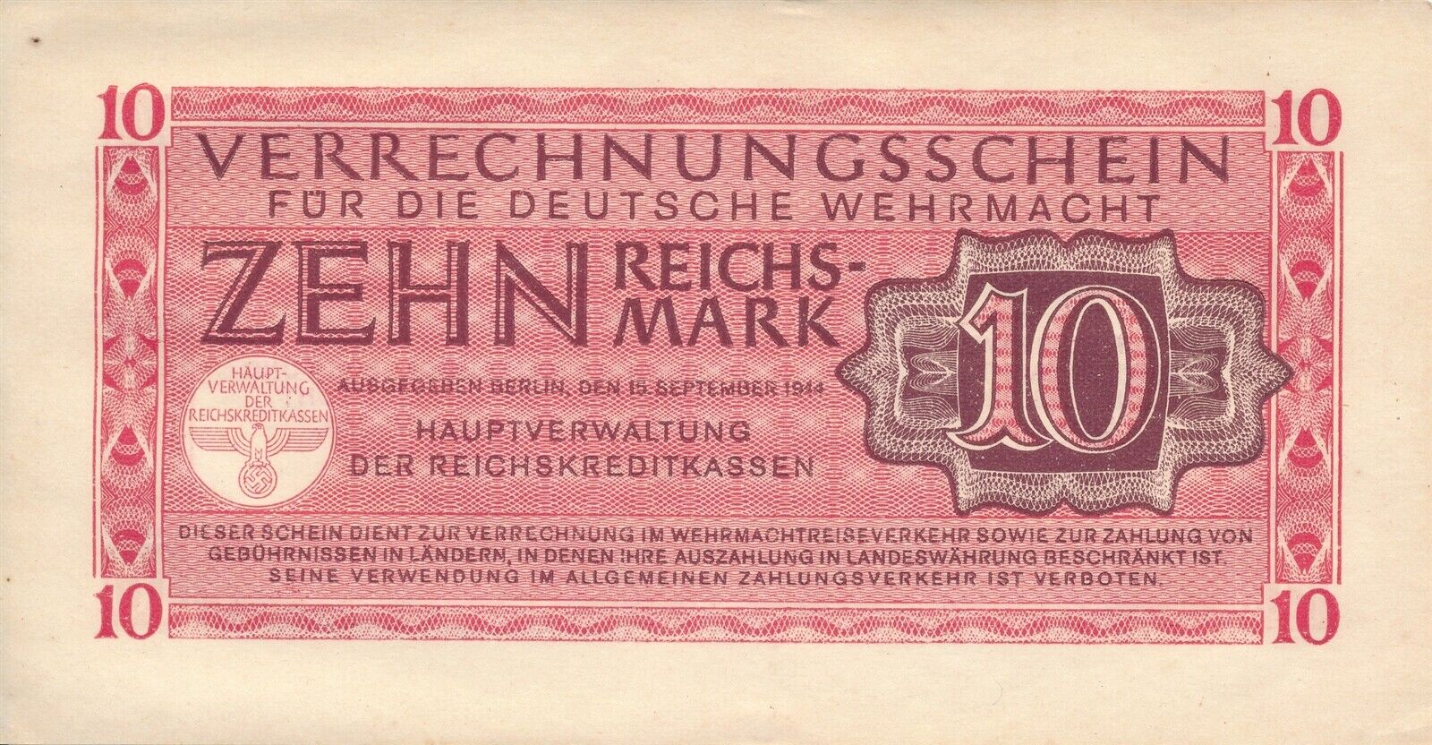 Currency Germany 1944 WW2 Wehrmacht 3rd Reich 10 Reichmark Circulated Top Toning
