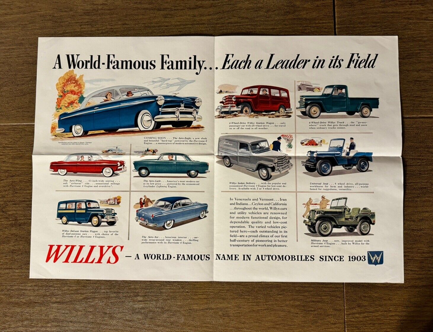 Vintage WILLYS A World Famous Family Advertisement/ Brochure/ Poster 14” x 21”.