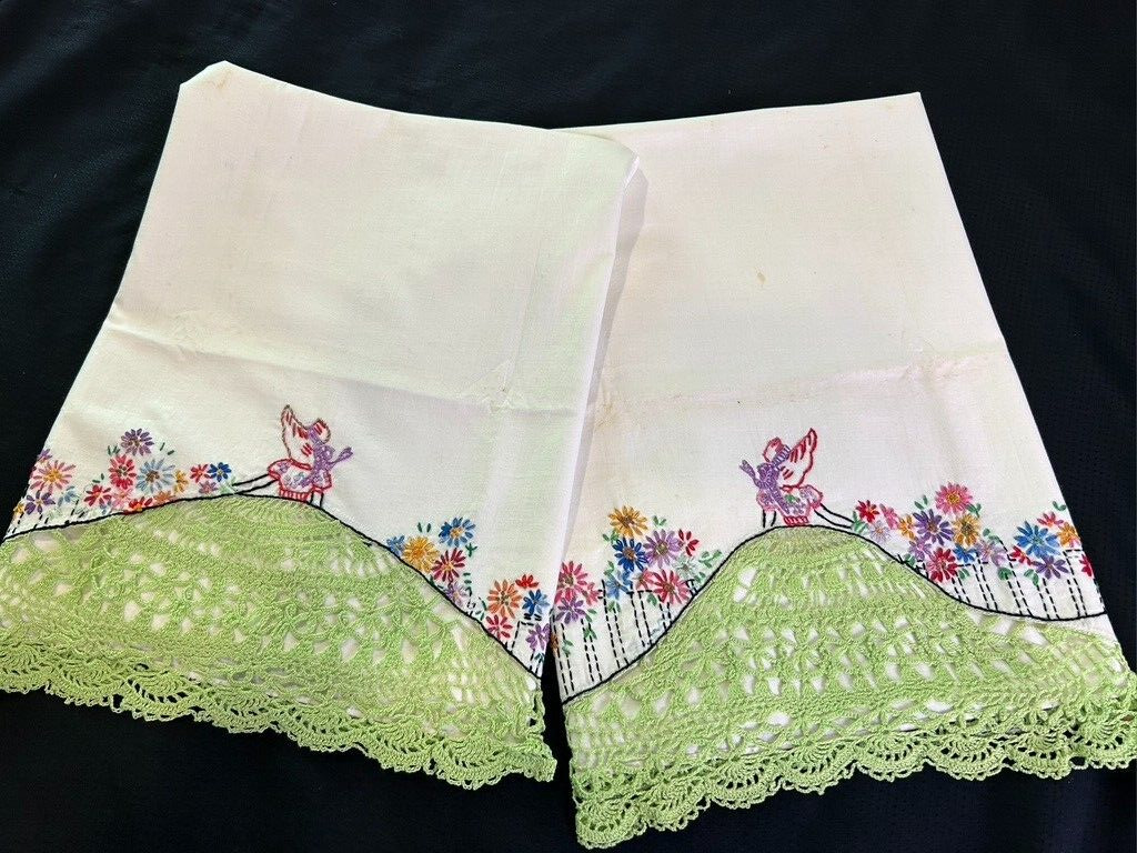 Vintage Southern Belle Pillowcase Pair  Hand Embroidered Crocheted Green Skirt
