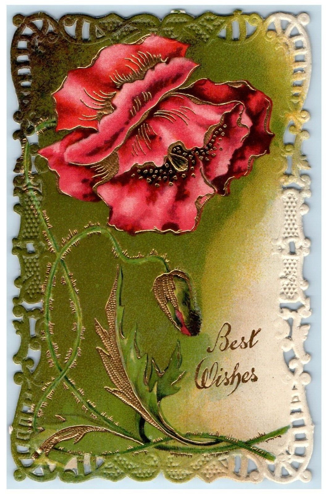 1908 Best Wishes Red Flowers Die Cut Embossed Mukwonago WI Antique Postcard
