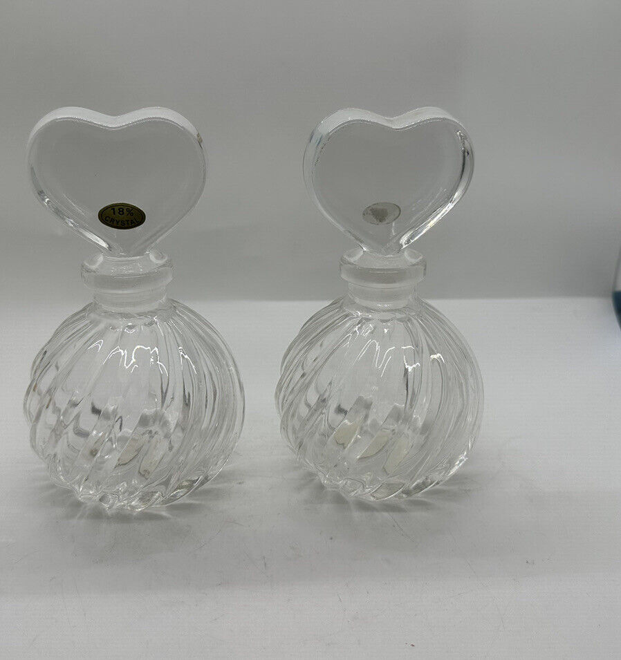 Two  Teleflora  Japan 1970s Glass Crystal Swirl & Heart Stopper Perfume Bottles