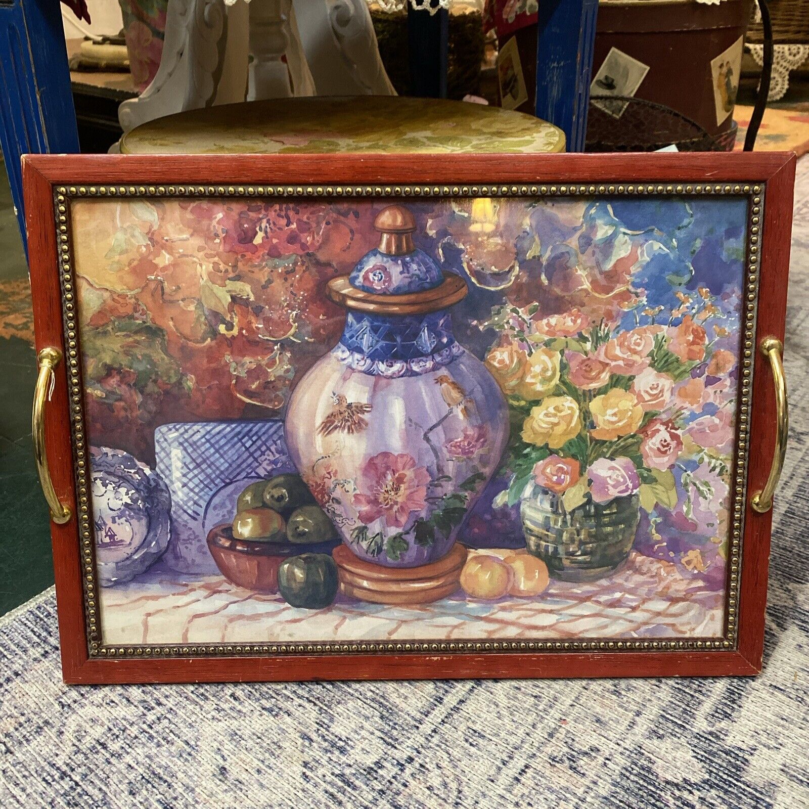 Vintage Tea Tray ~ Colorful Trays ~ Floral & Tea Design ~ 13” x 17.5”