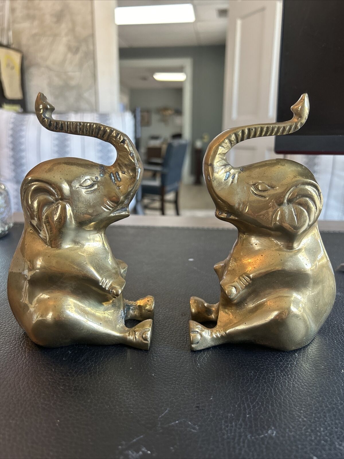 Vintage Set of 2 Solid Brass Elephant Bookends 6” Tall with Trunk Up