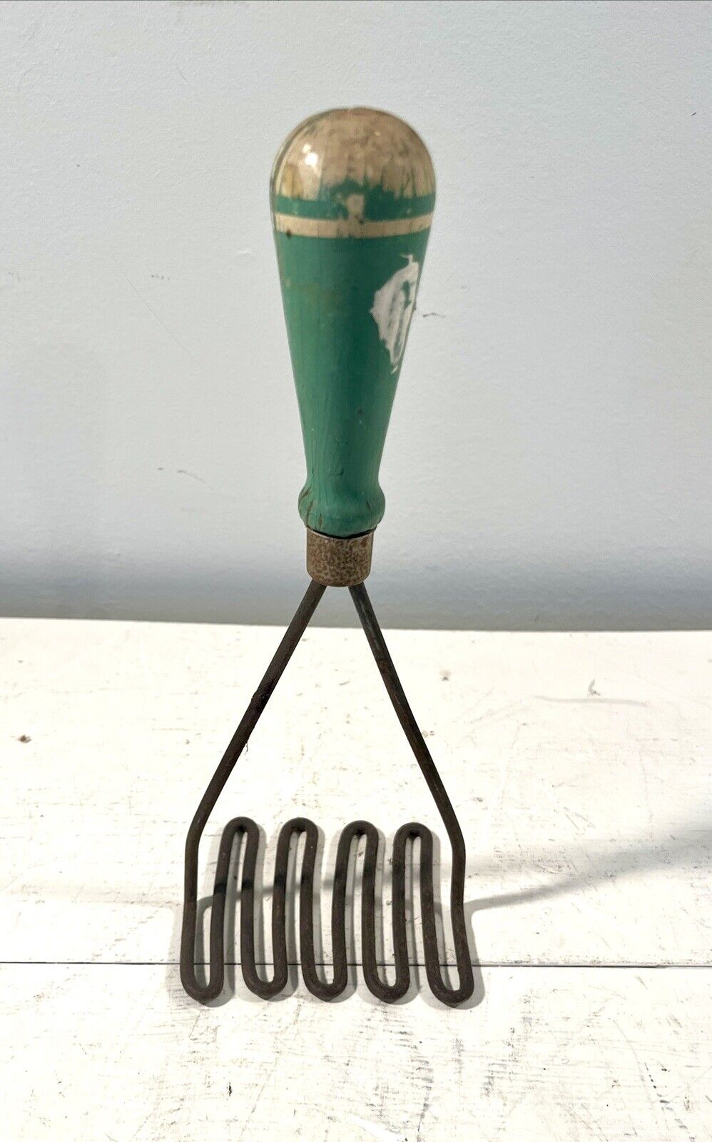 Vintage Antique Potato Masher Wood Green White Strip Painted Handle 9.5” tall
