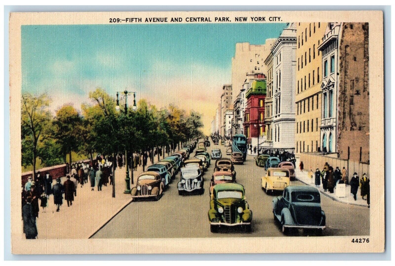New York City NY Postcard Fifth Avenue And Central Park Car Lined Trees Street
