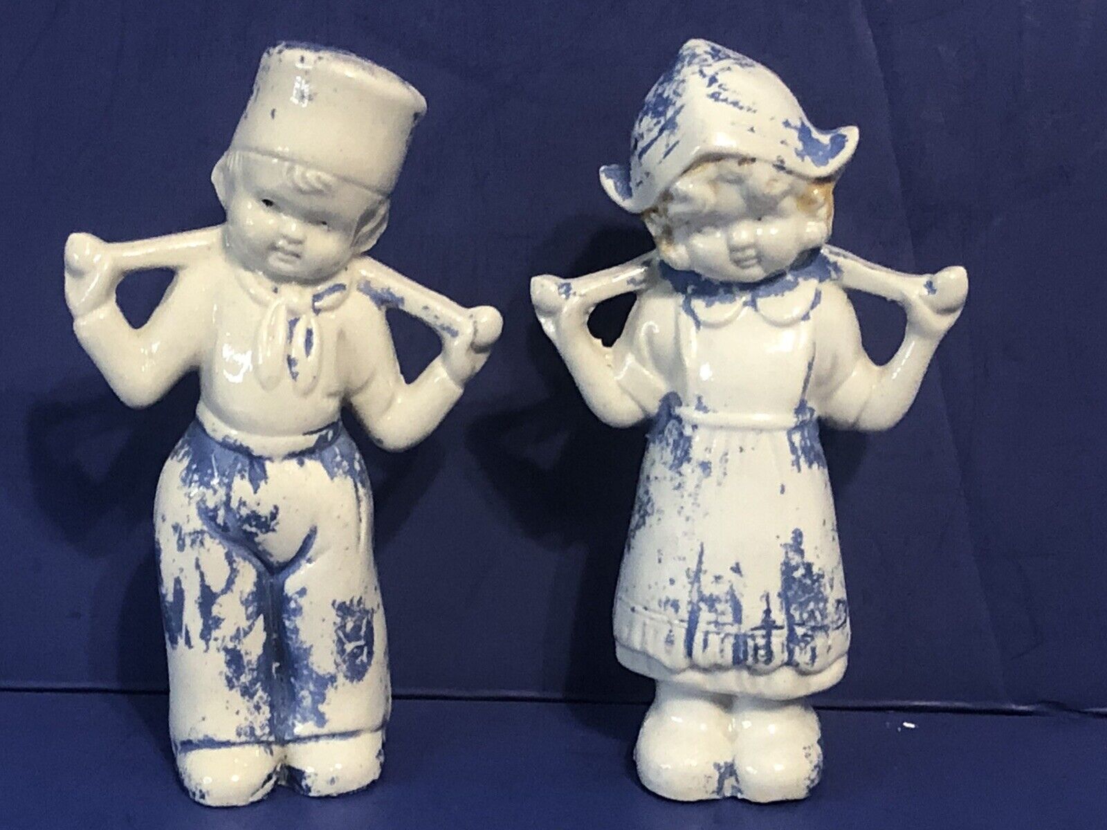 Vtg Blue & White 6”Dutch Girl Water Carrier With Milk Boy Made in Japan Figurine