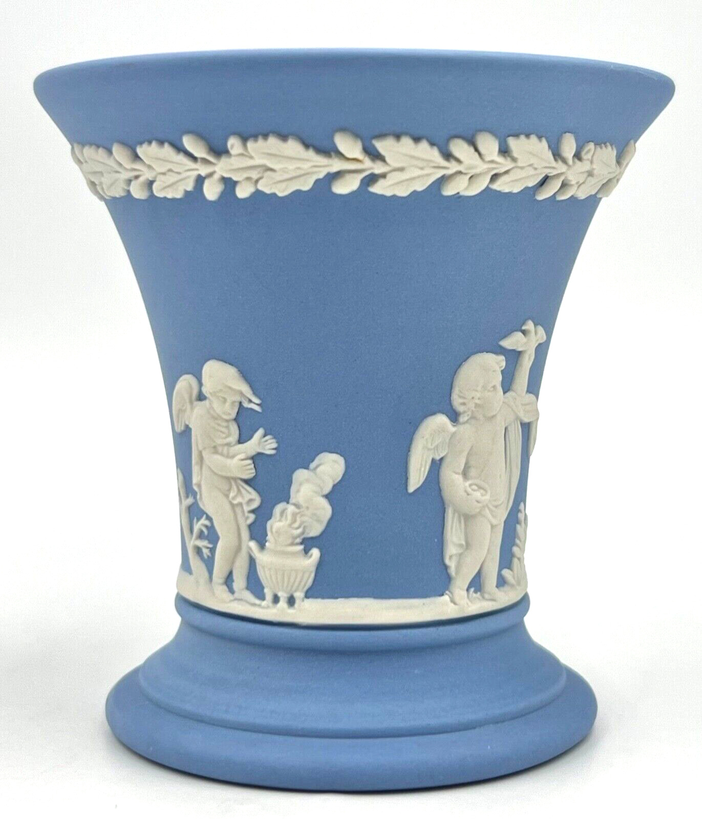 WEDGWOOD BLUE JASPER WARE 3.5in VASE, CUPID/FLORAL; EXCELLENT CONDITION