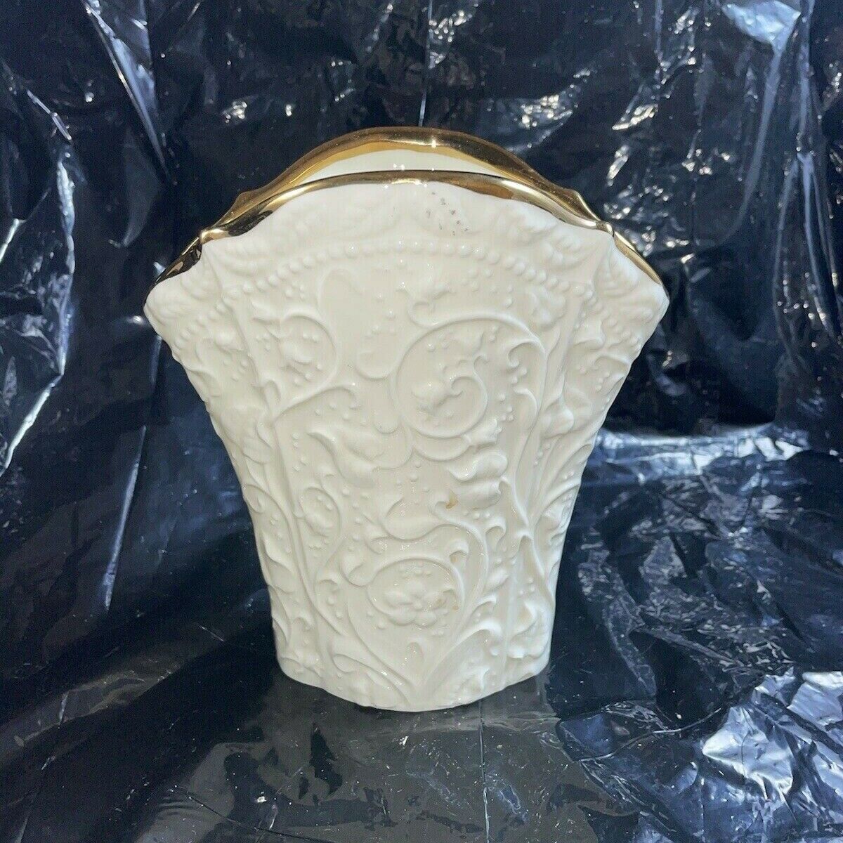 Lenox Small Cream Color Vase with Raised Floral Design 6 1/4