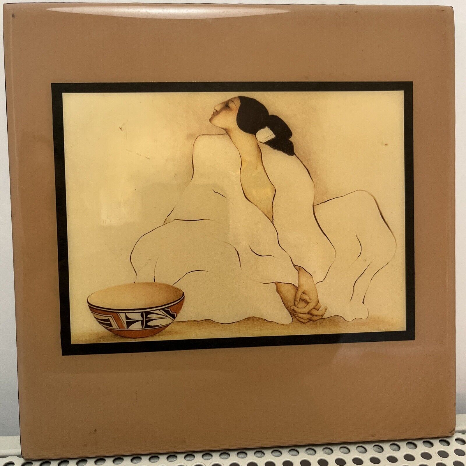 R C Gorman Crystal Tile Ceramic Art Tile Native American Woman  8”x8” White Robe