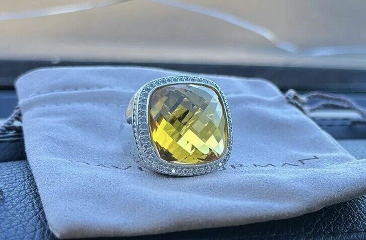 David Yurman 925 Silver 20mm Lemon Citrine ALBION Ring With DIAMONDS Size 7