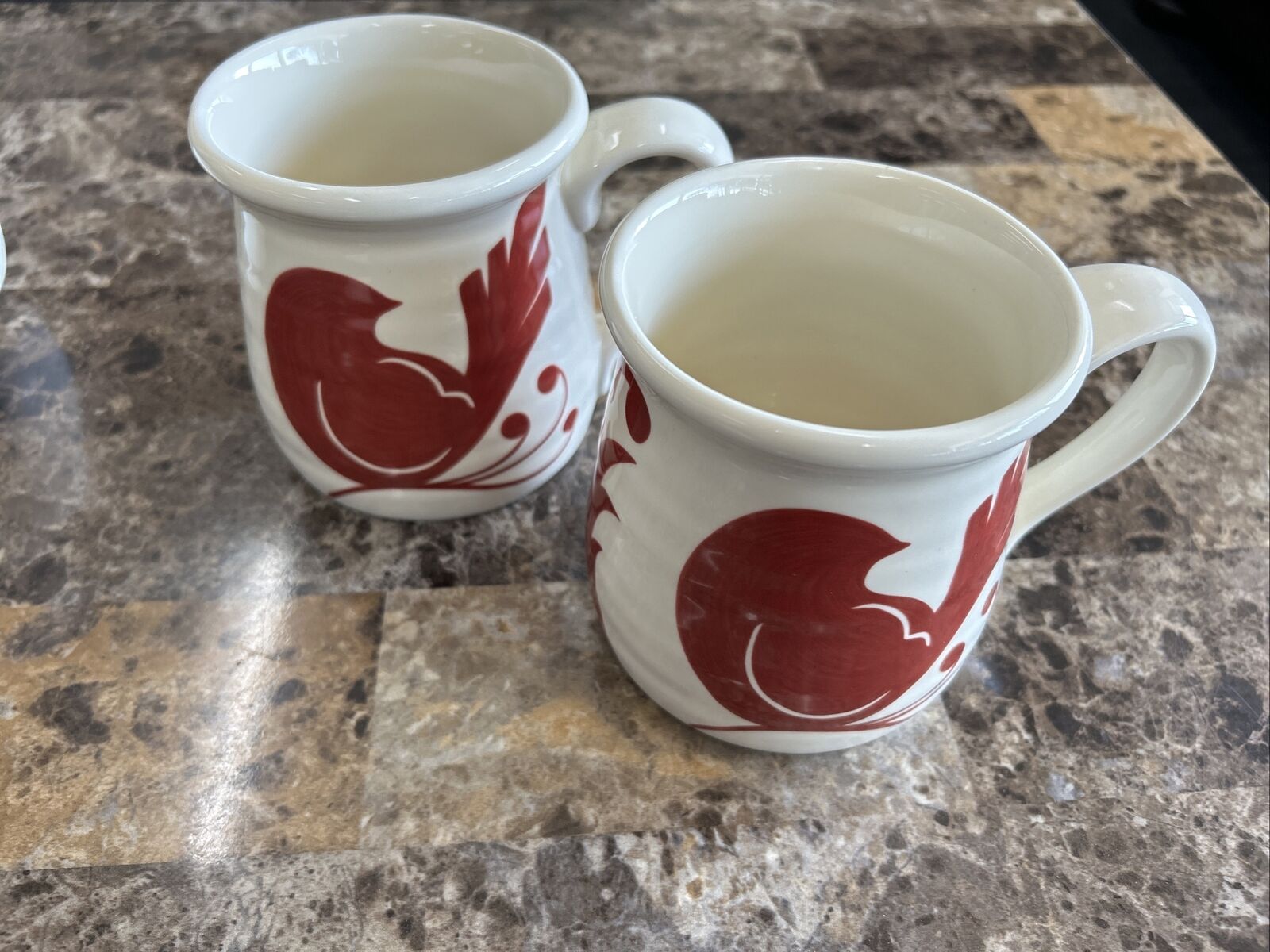KATIE BROWN Mug Bird Red 20oz Cream Set Of 2 Pottery Style Large Handle Cottage