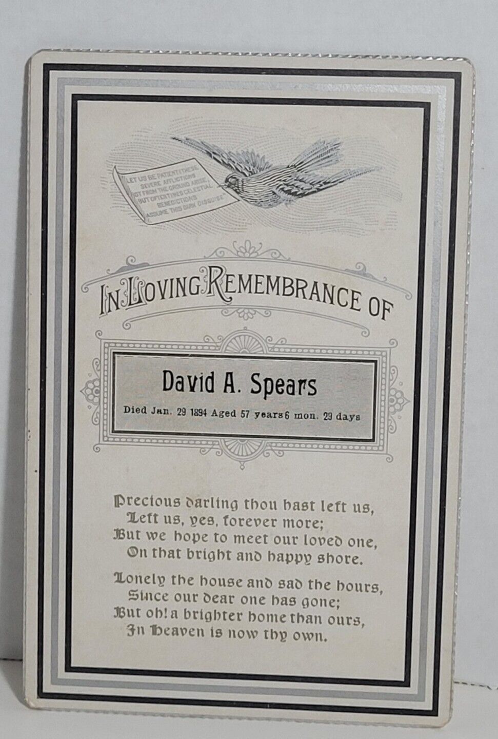 1894 Memorial Cabinet Card David A. Spears Death Remembrance