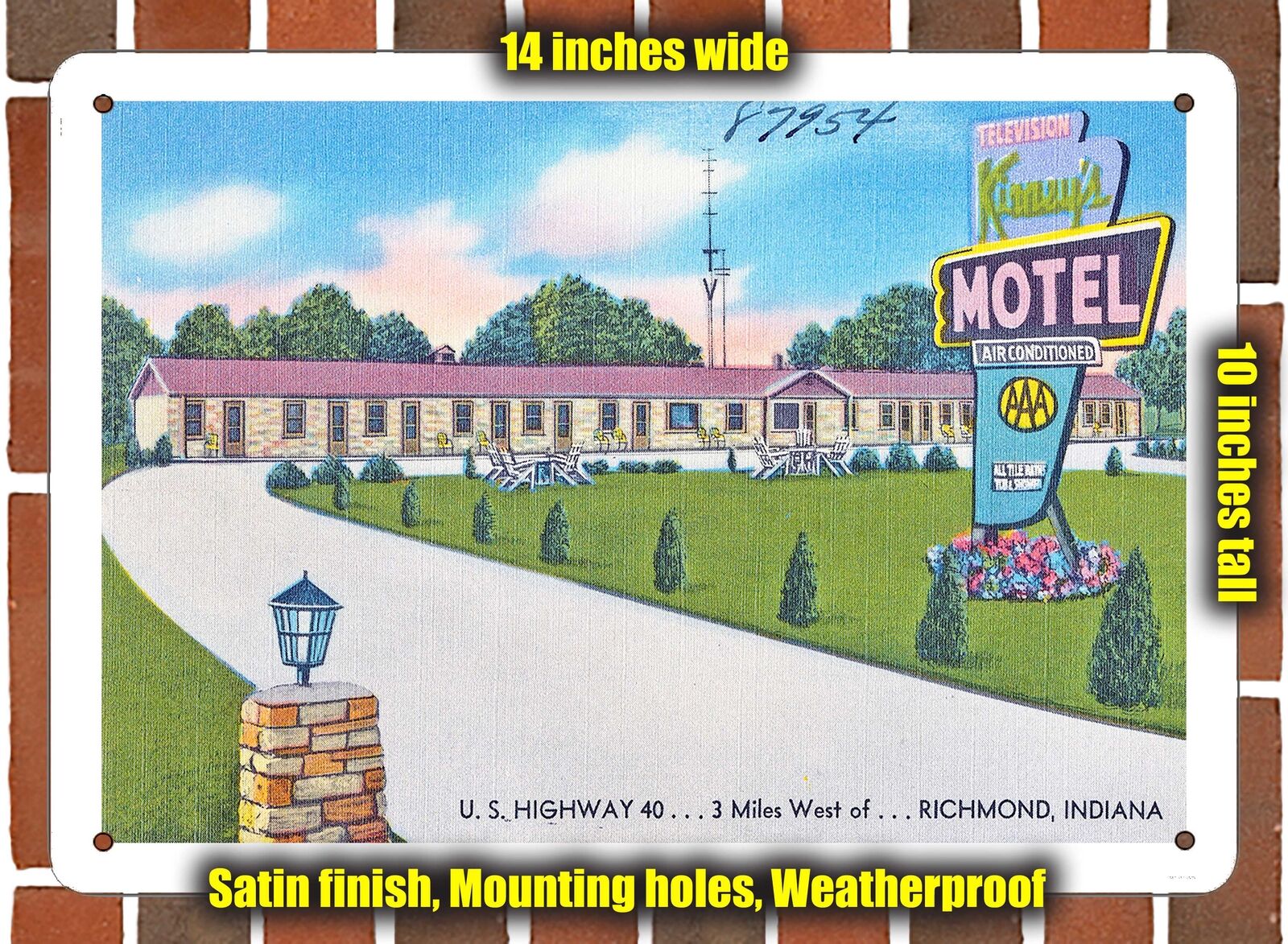 METAL SIGN - Indiana Postcard - Kinney\'s Motel, U. S. Highway 40. . . 3 Miles W