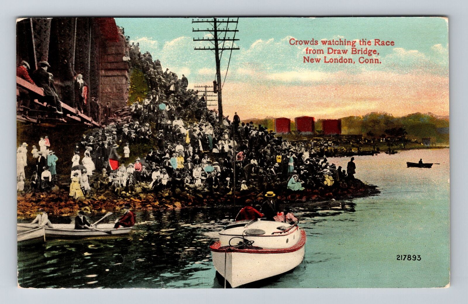 New London CT-Connecticut, Race Crowd At Draw Bridge Vintage Souvenir Postcard