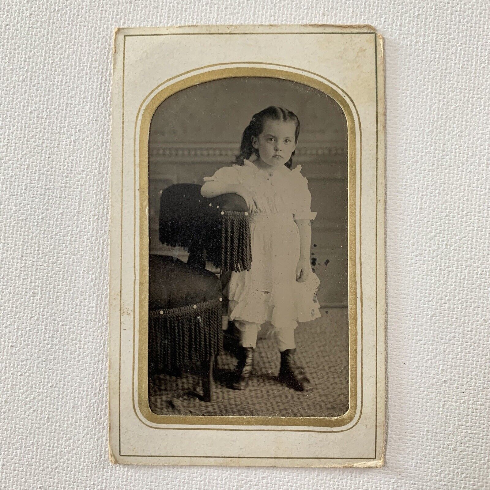 Antique Tintype Photograph Adorable Little Girl Child Toddler Curly Hair Tinted