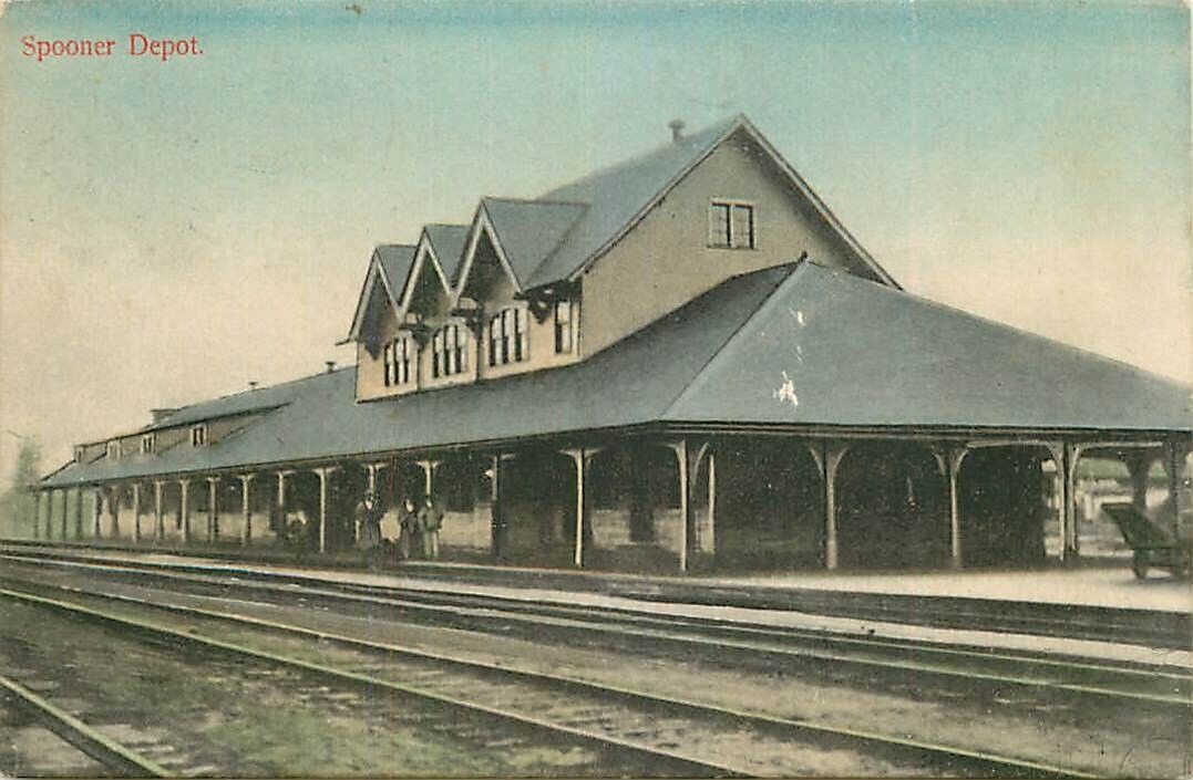 Hand Colored Postcard Railroad Depot, Spooner, Wisconsin - used in 1910