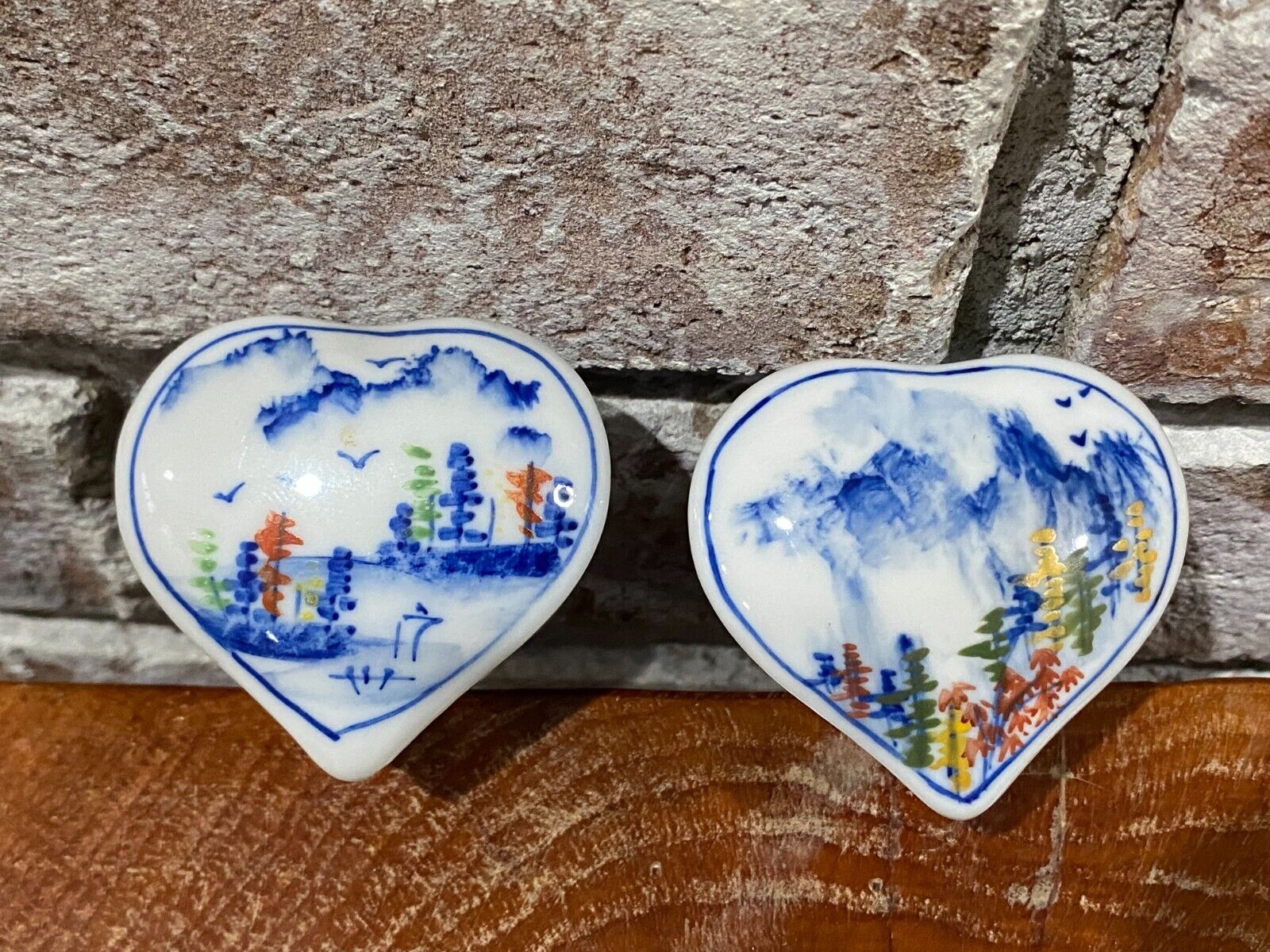 Vintage Porcelain Heart Shaped Ring/Trinket Boxes - Set of 2