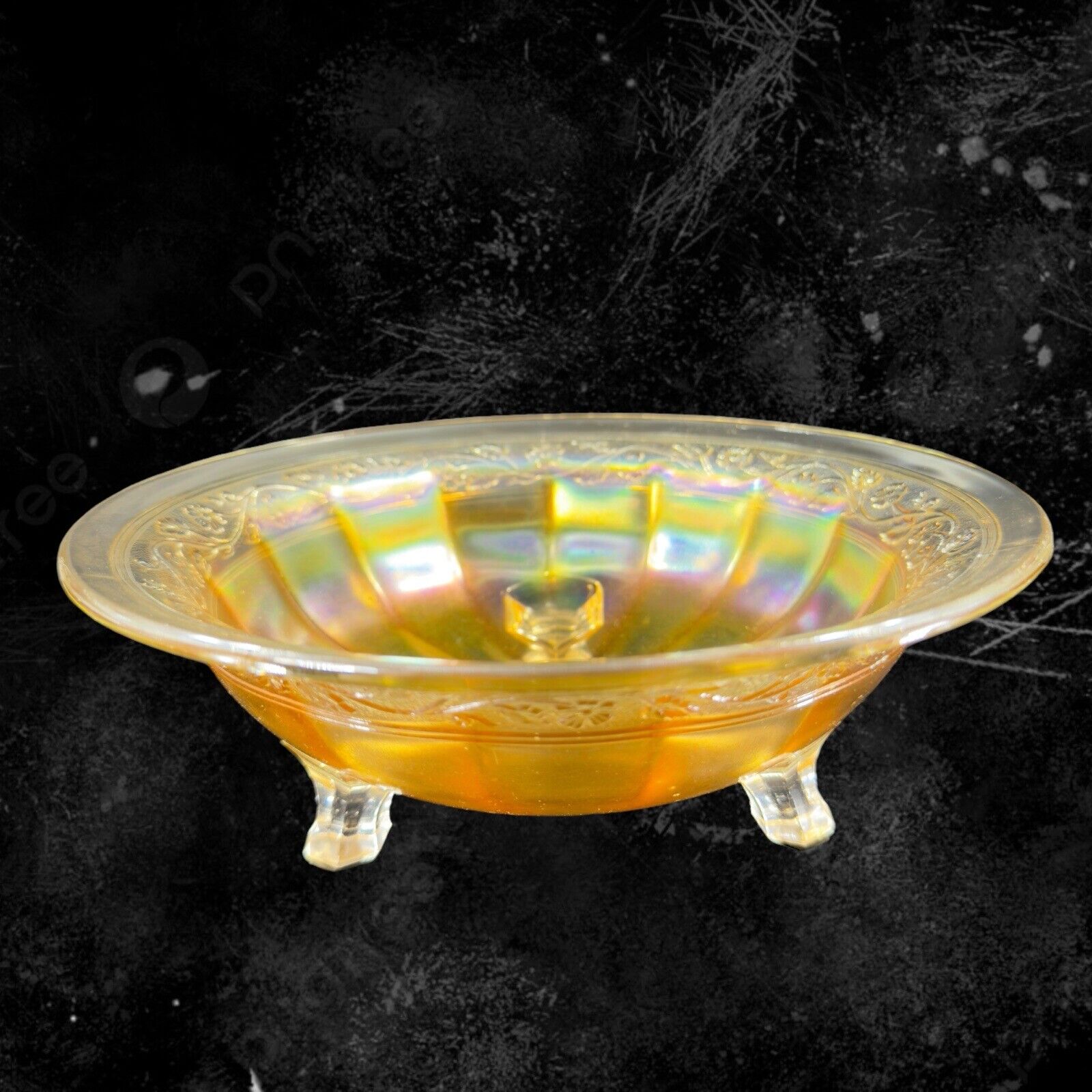 Vintage Marigold Carnival Glass Footed Dish Bowl Iridescent Finish Glass Decor