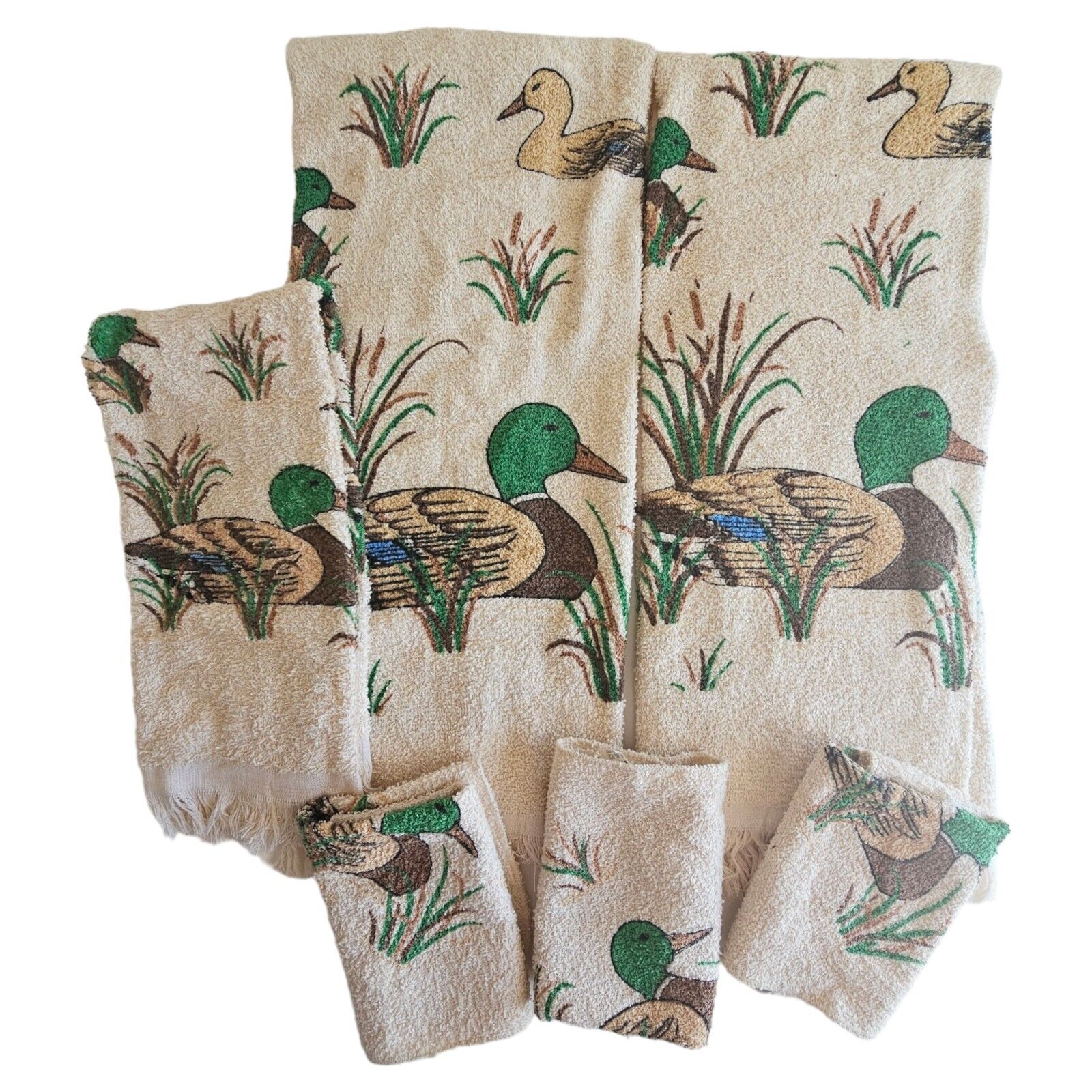 Vintage Cannon Towels Duck In Pond Theme Green, Brown, Beige Set Of 6 Towels