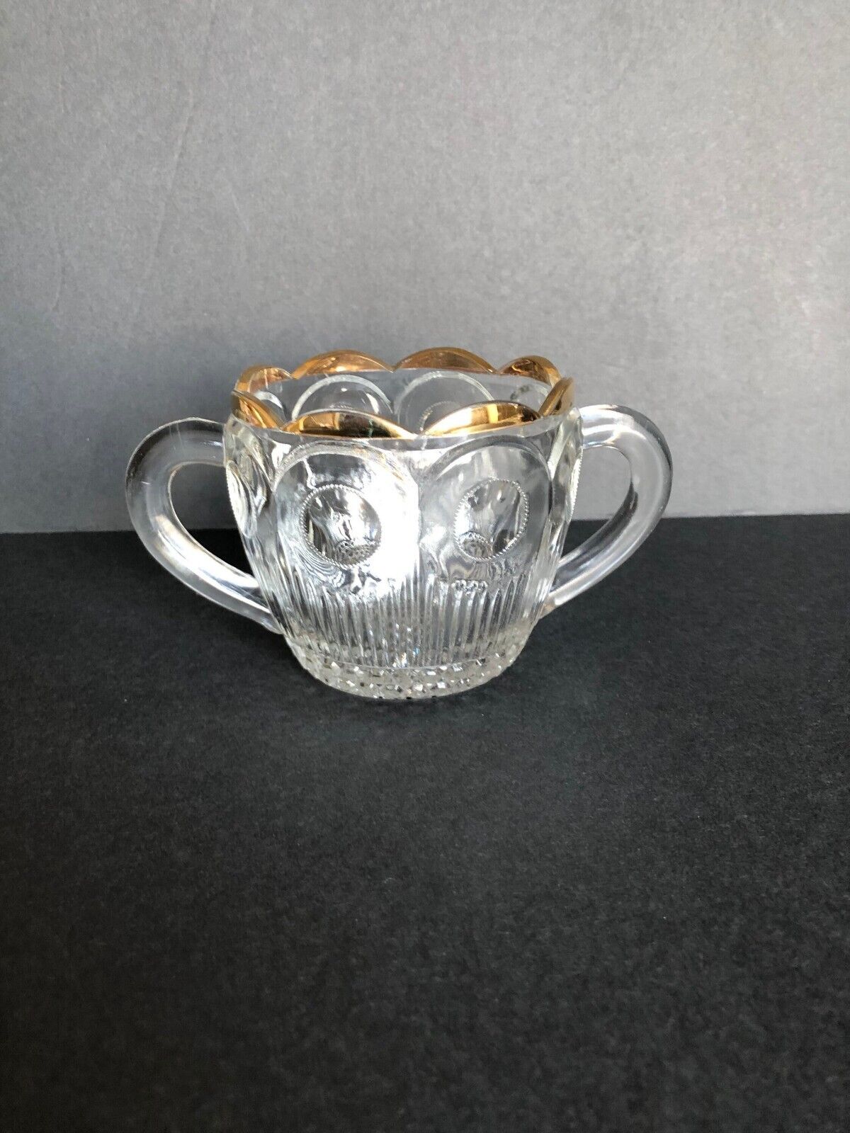 Vintage Bartlett Collins Glass Open Sugar Bowl Scalloped Edge Gold Trim Handles