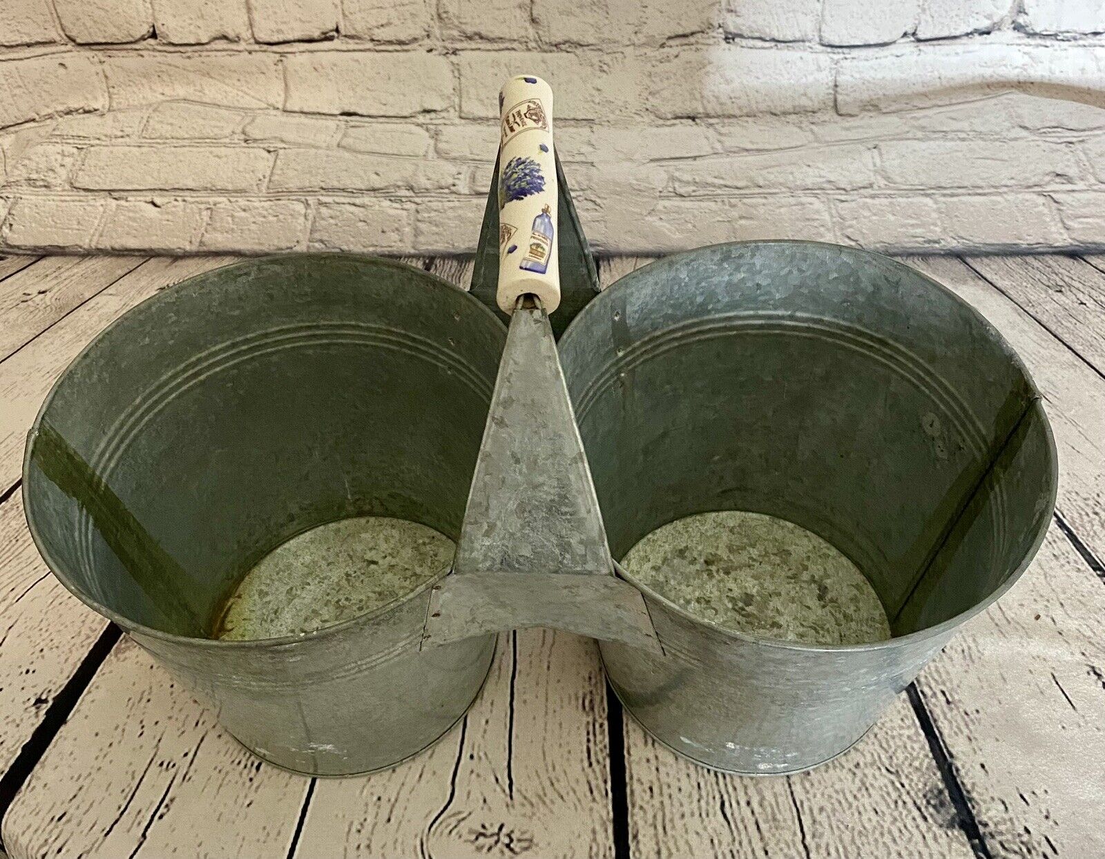 Vintage Galvanized Double Bucket Planters With Decorative Handle