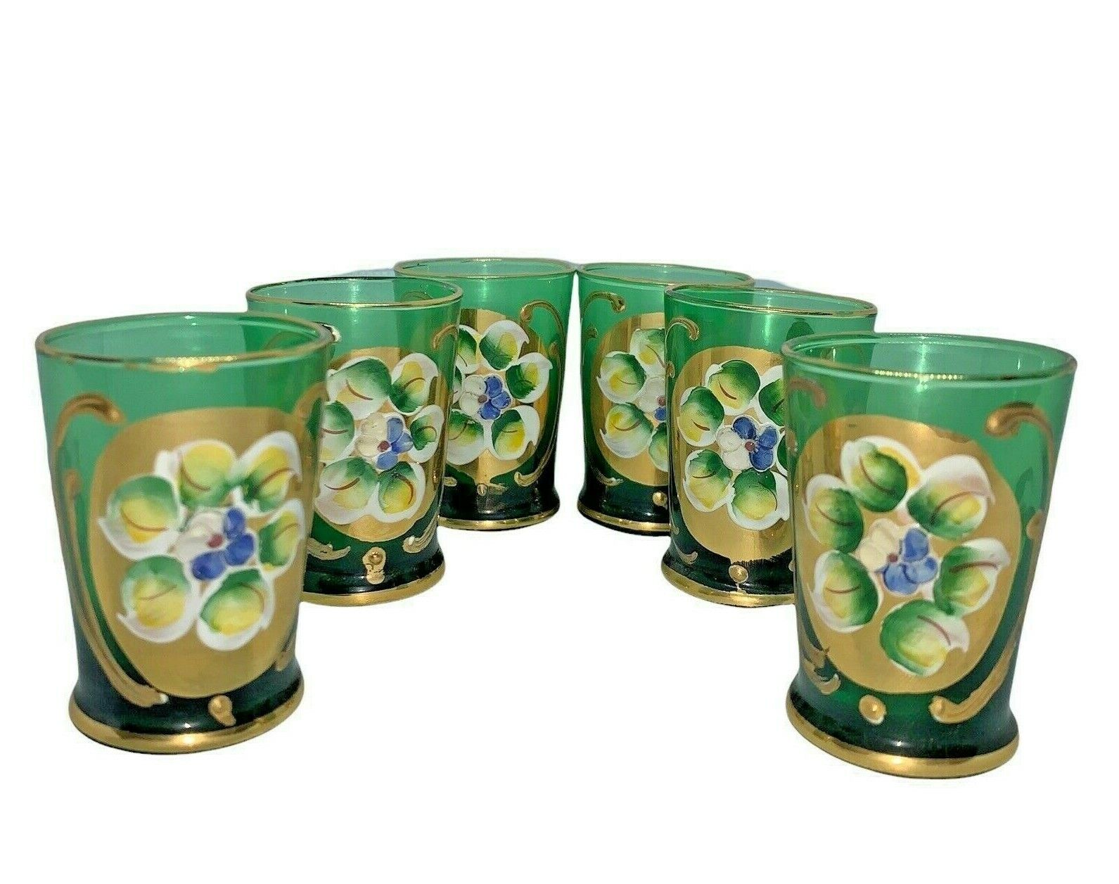 Vintage Bohemian Shot Glasses Green Hand Painted Enamel Floral Made Italy Set 6