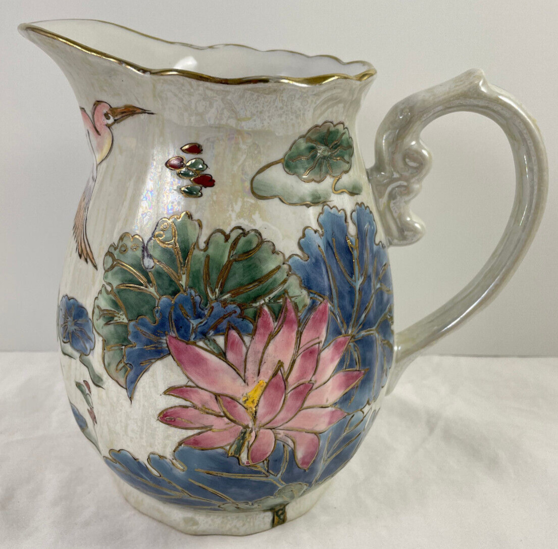 Ceramic Pitcher Bird Floral Water Lily Hand Painted Iridescent Vintage China