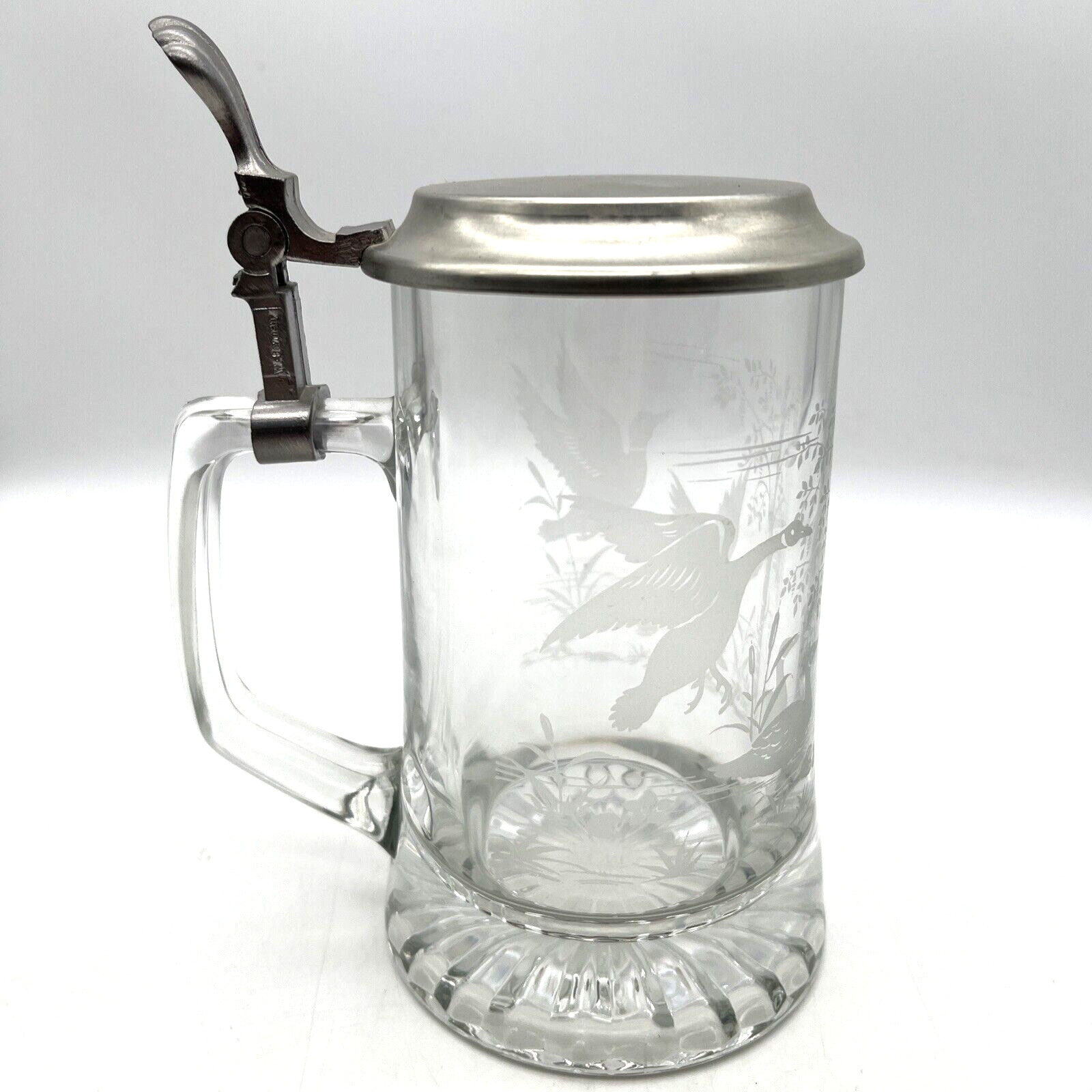 Vintage Etched Crystal Glass Beer Stein ALWE Italy Pewter West Germany Geese