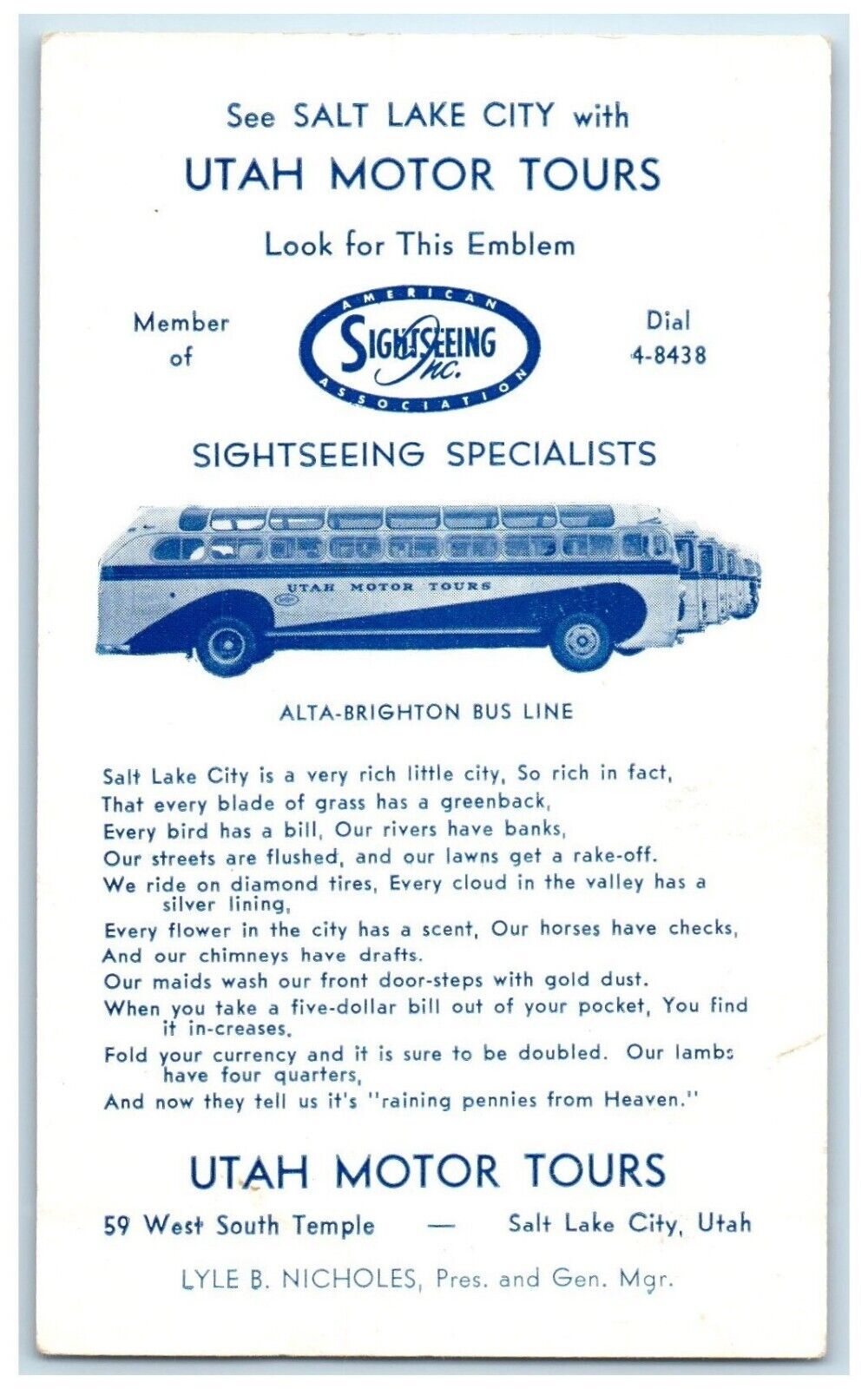 c1940 Salt Lake City Utah Motor Tours Bus Line South Temple Advertising Postcard