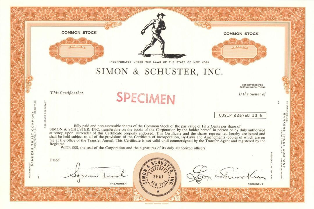 Simon and Schuster, Inc. - 1972 dated Specimen Stock Certificate - Specimen Stoc
