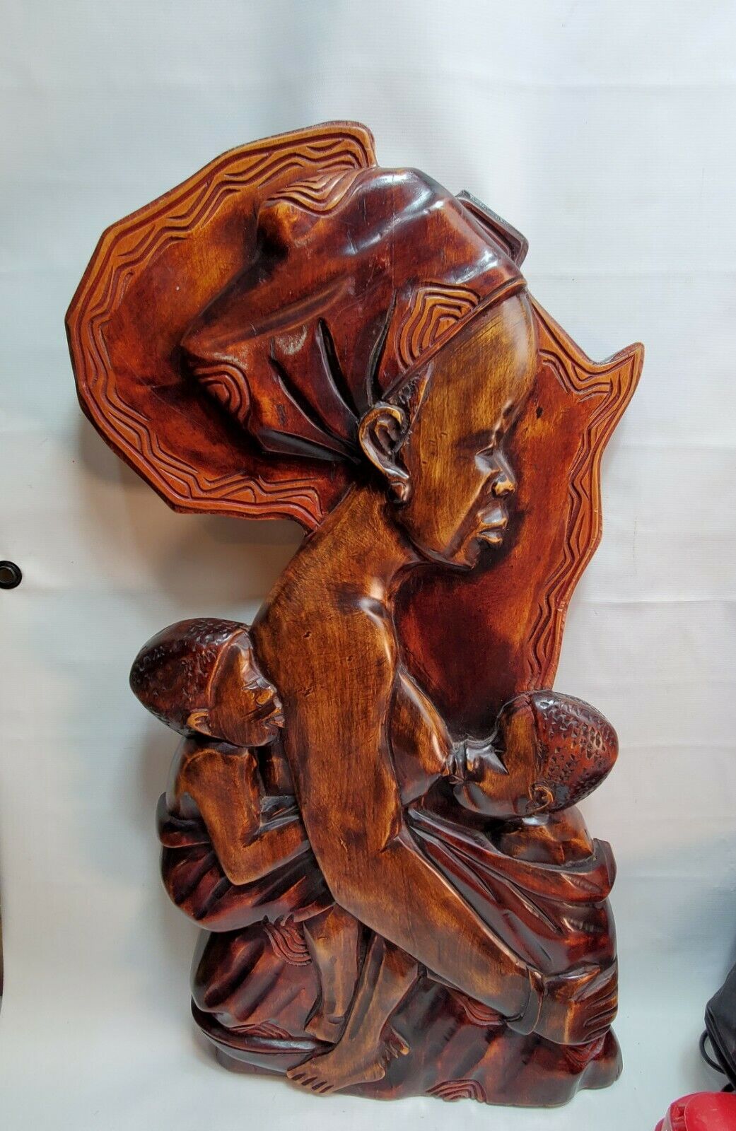 LRG Hand carved Wood Nubian Wall statue relief Proud Woman & Child African 