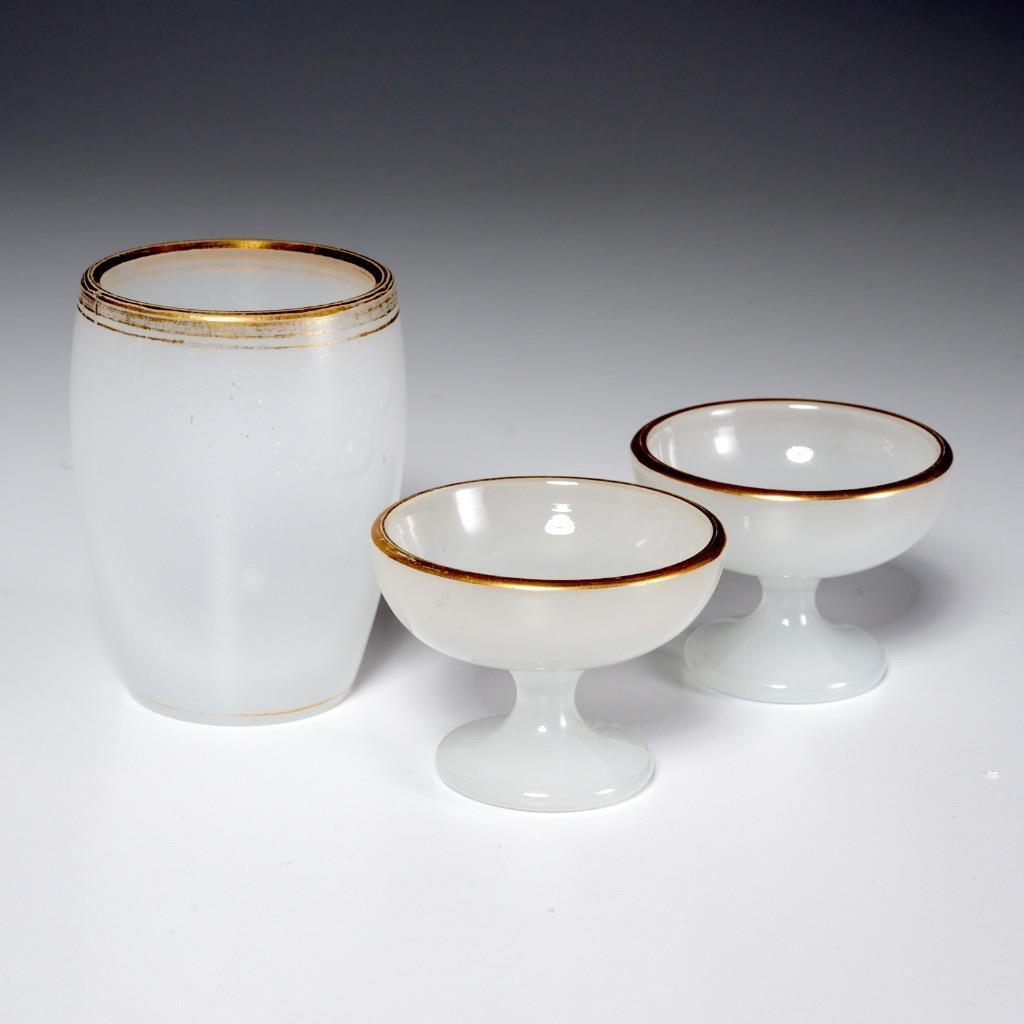 3 pc Antique White Opaline Hand Blown Glass Vanity Accessory Trinket Dish Set