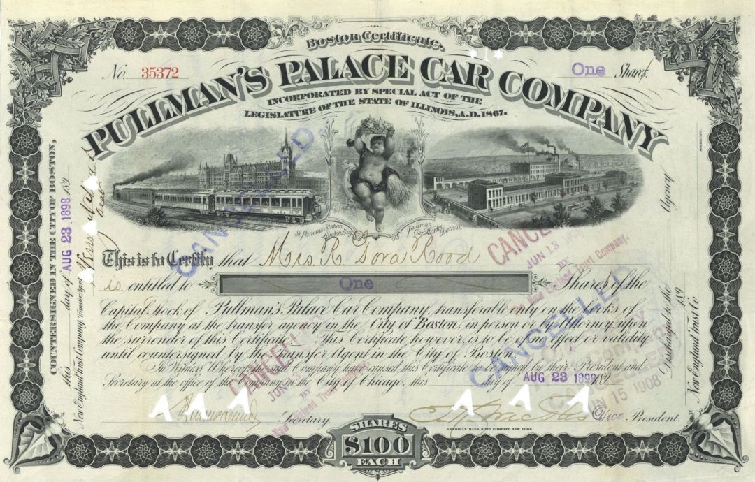 Pullman's Palace Car Co. - 1880's dated Railroad Car Company Stock Certificate -