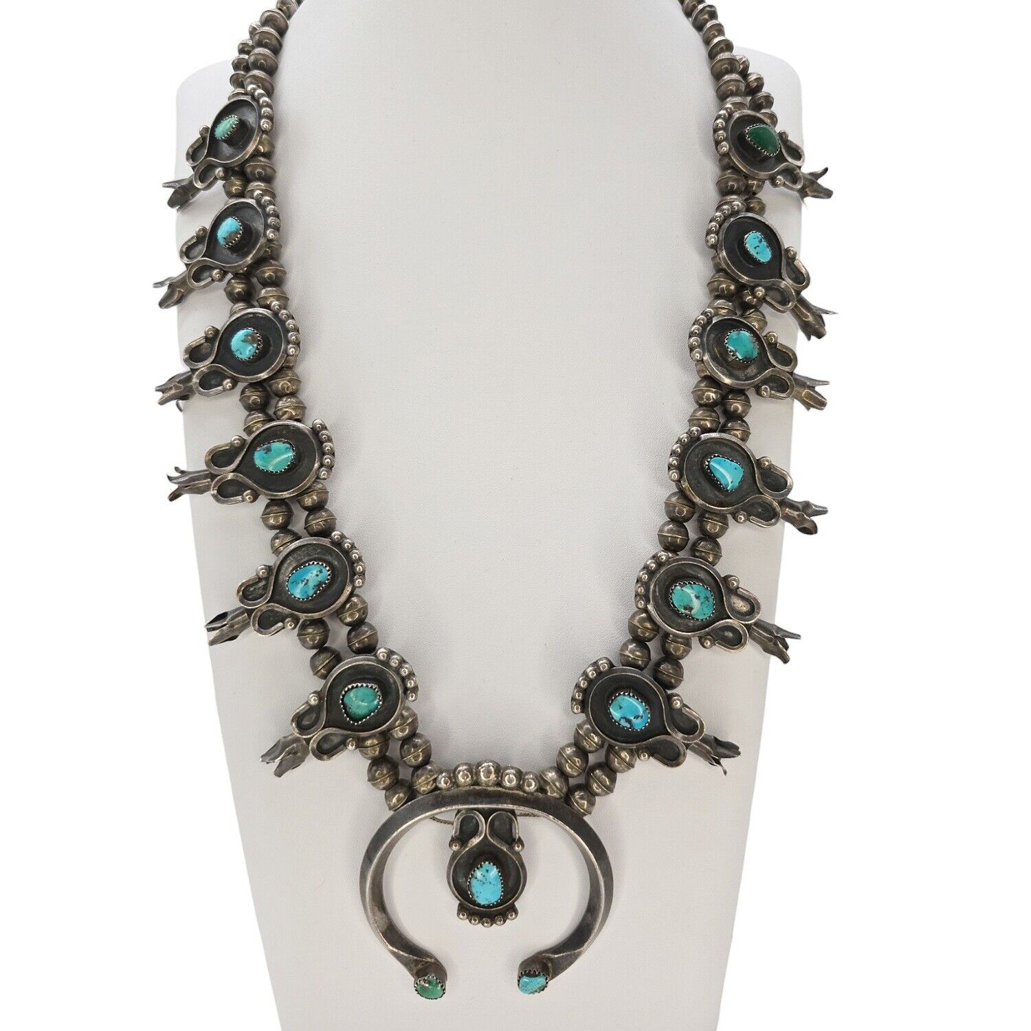 Native American Sterling Silver & Turquoise Squash Blossom Necklace