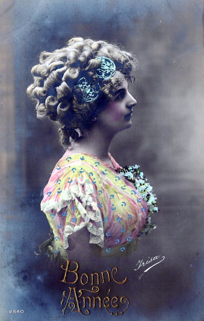 Young Woman Hand Colored Bonne Annee Happy New Year Real Photo Postcard rppc
