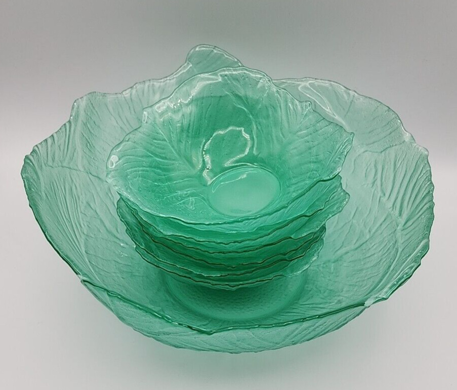 Viking Dalzell Satin Green Glass Lettuce Cabbage Bowl with 6 Individuals READ