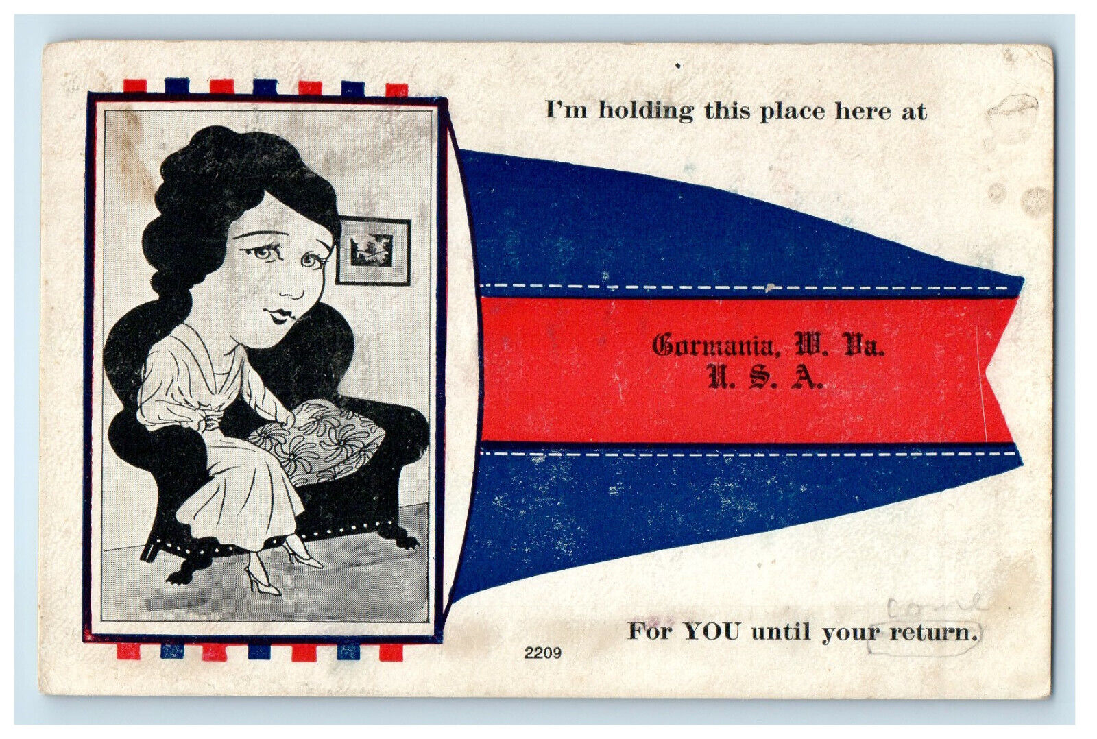 c1910 Germania West Virginia Red and Blue Pennant Unposted Postcard