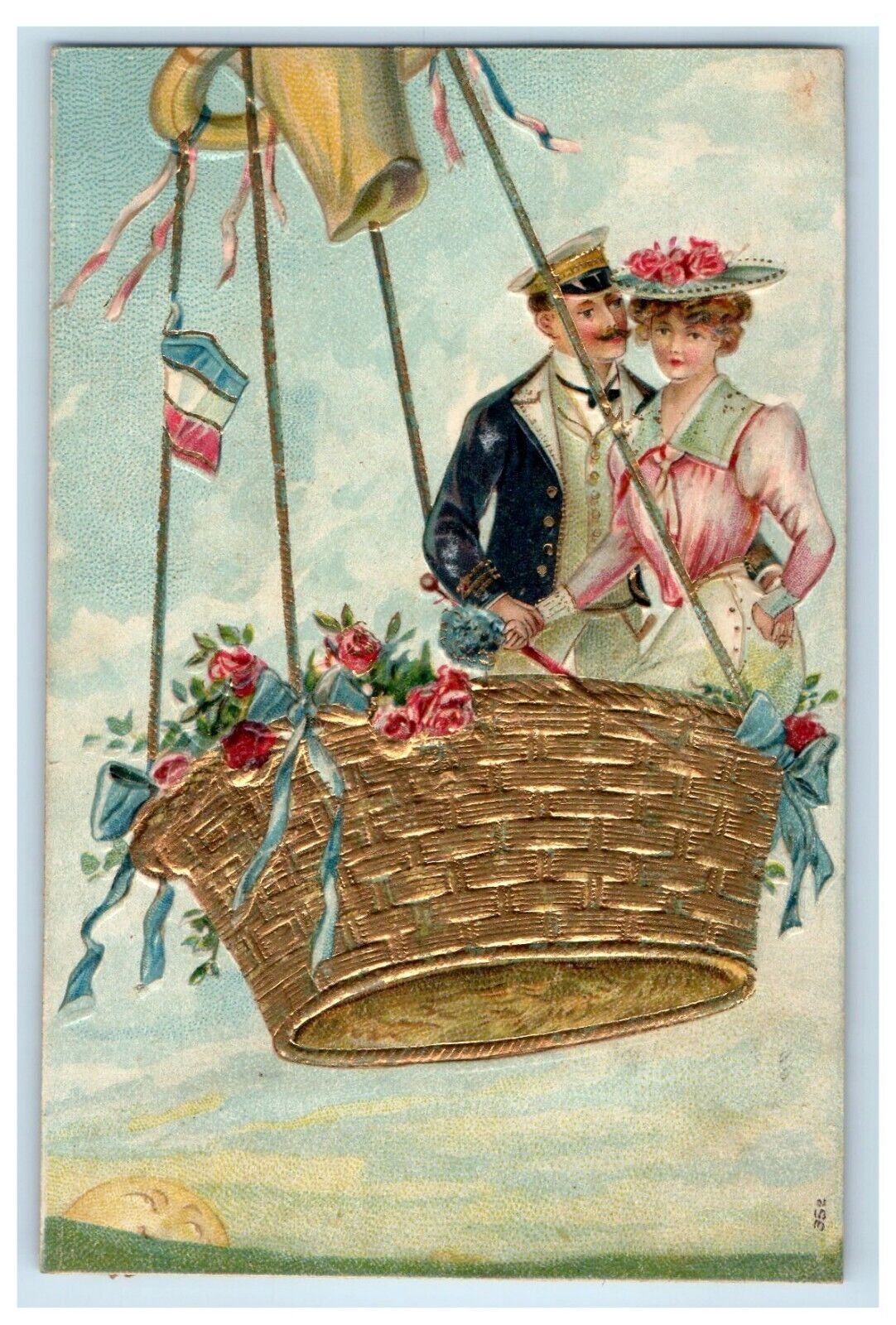 1907 A Couple In The Airship Balloon Moon Flowers Embossed Antique Postcard