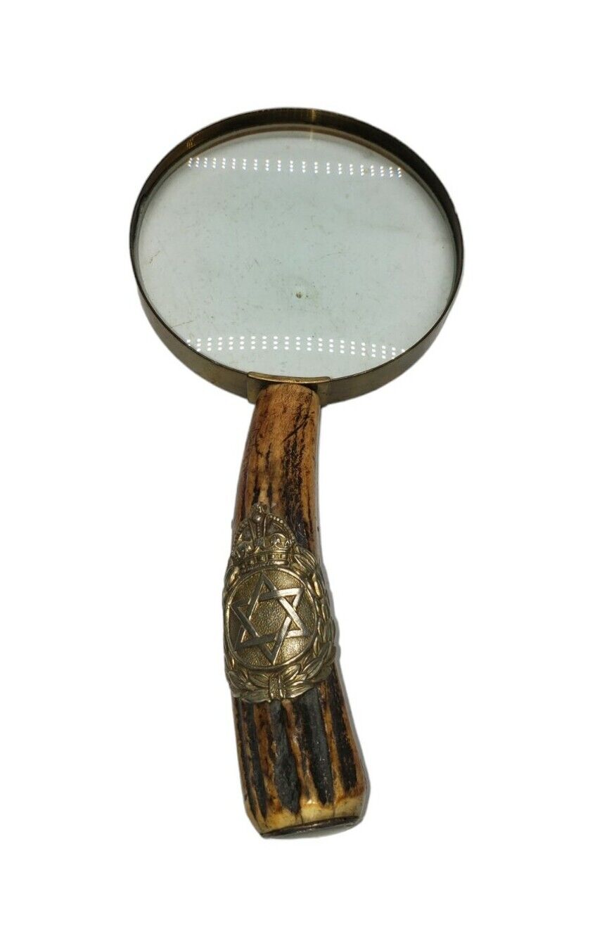 Vintage Antique Judaica Magnifier Glass With Antler Handle And David Star Medal