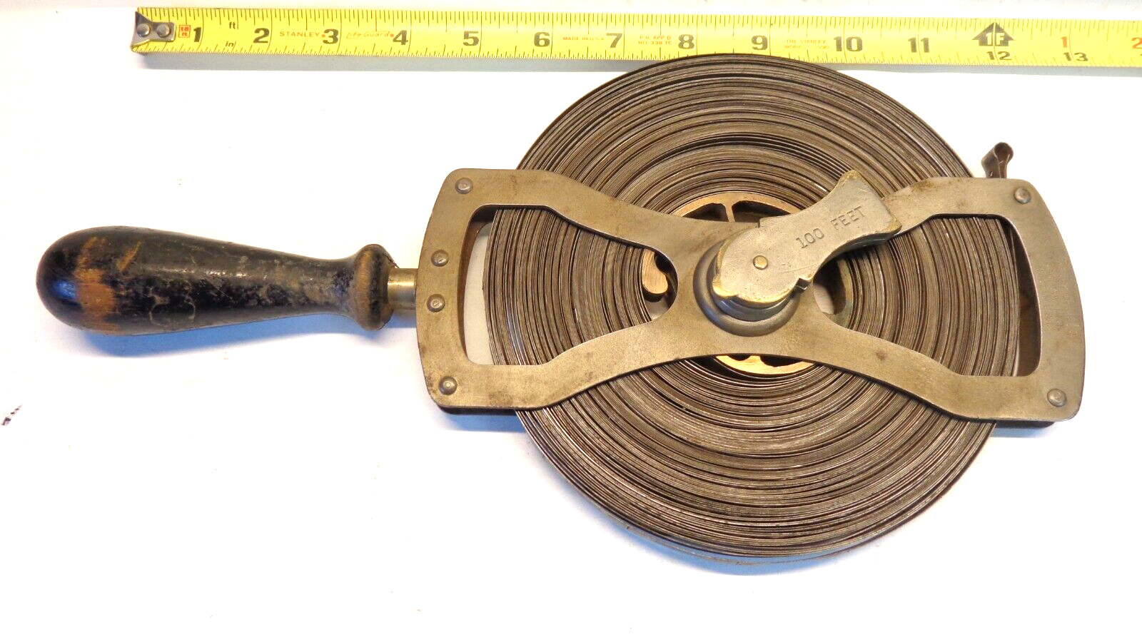 Vintage Antique Lufkin Rule Co. 100 ft Surveyors Tape Brass Hardware Saginaw USA